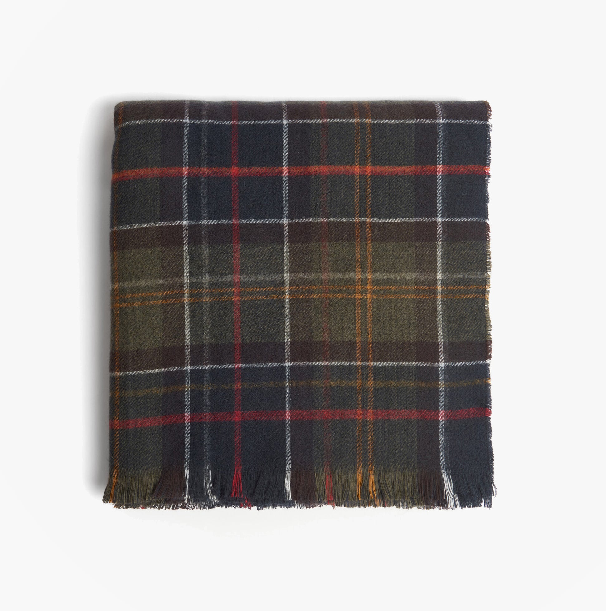 Barbour MONTIETH SERAPE Womens Scarf Classic folded view, featuring a plaid pattern in dark green, red, and yellow hues.