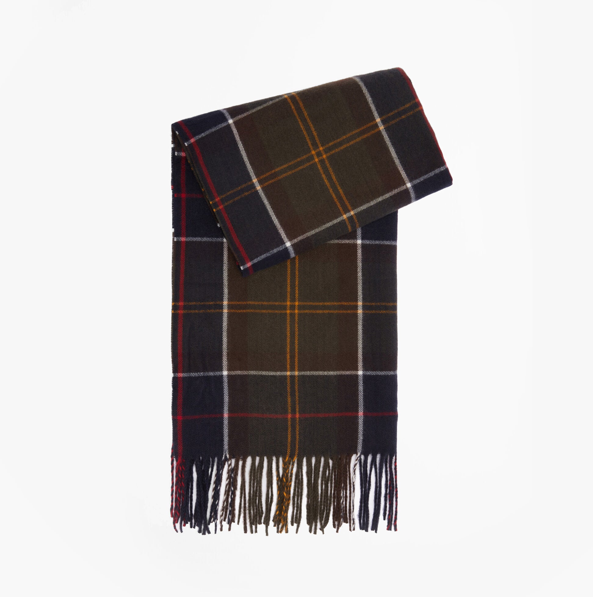 Barbour HAILESTARTAN Womens Winter Classic Tartan, hanging view of scarf, featuring classic tartan pattern and fringed ends.