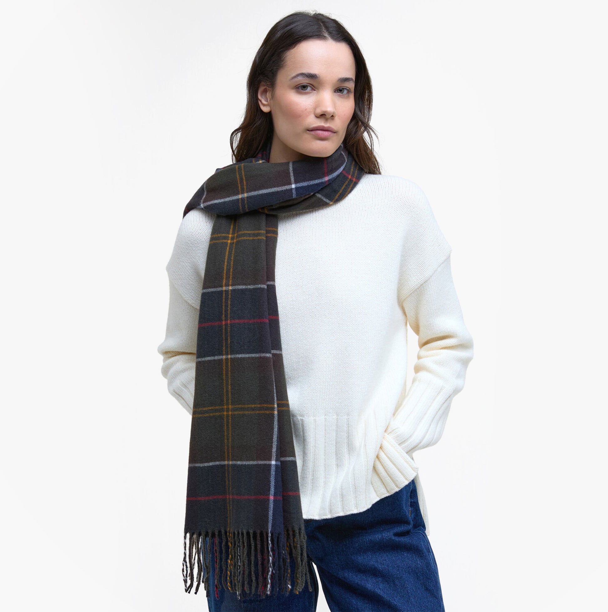 Barbour HAILESTARTAN Womens Winter Classic Tartan front view, stylish scarf with fringe, perfect for winter wear.