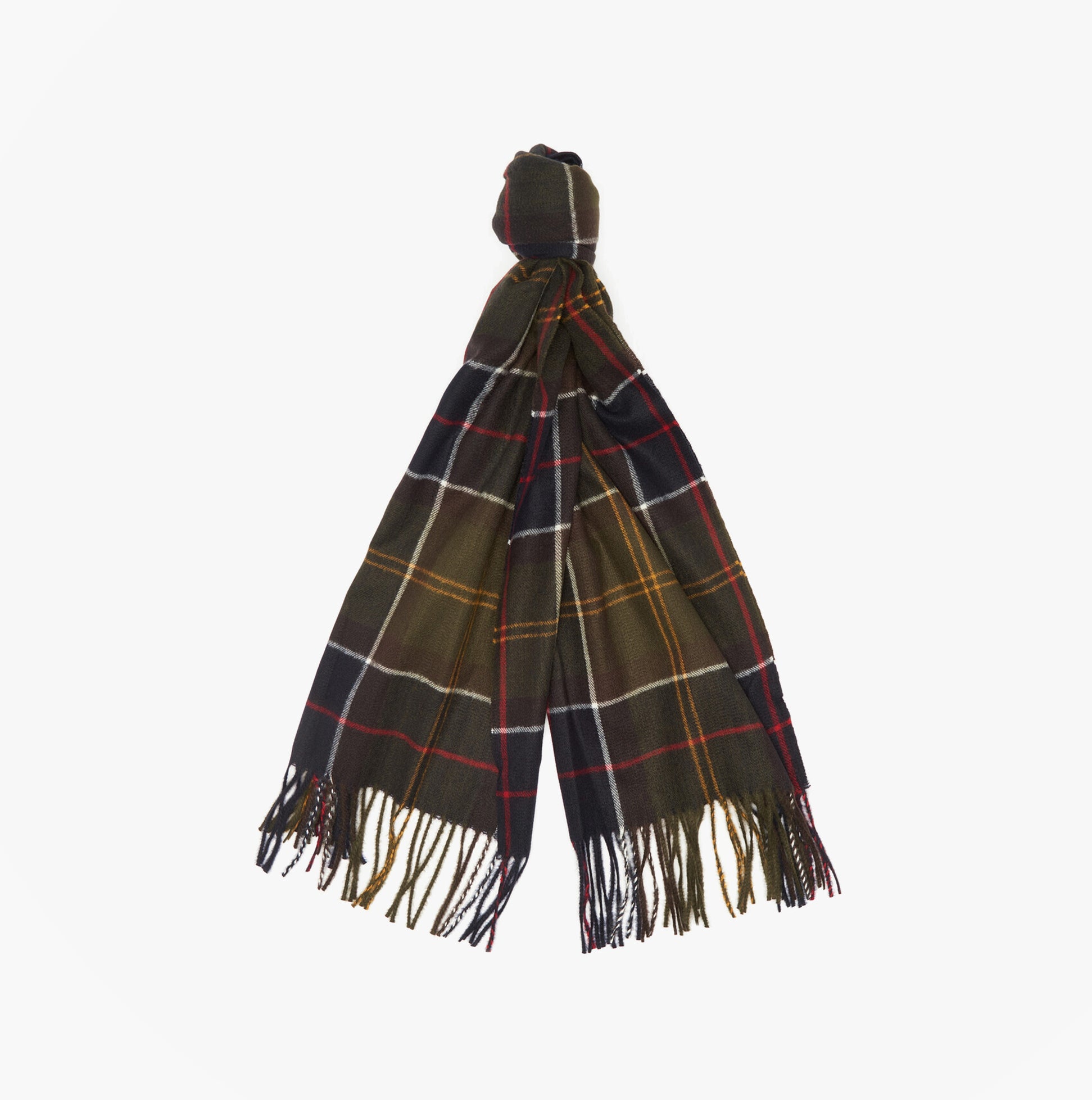 Barbour HAILESTARTAN Womens Winter Classic Tartan scarf front view with fringes and mixed tartan pattern.