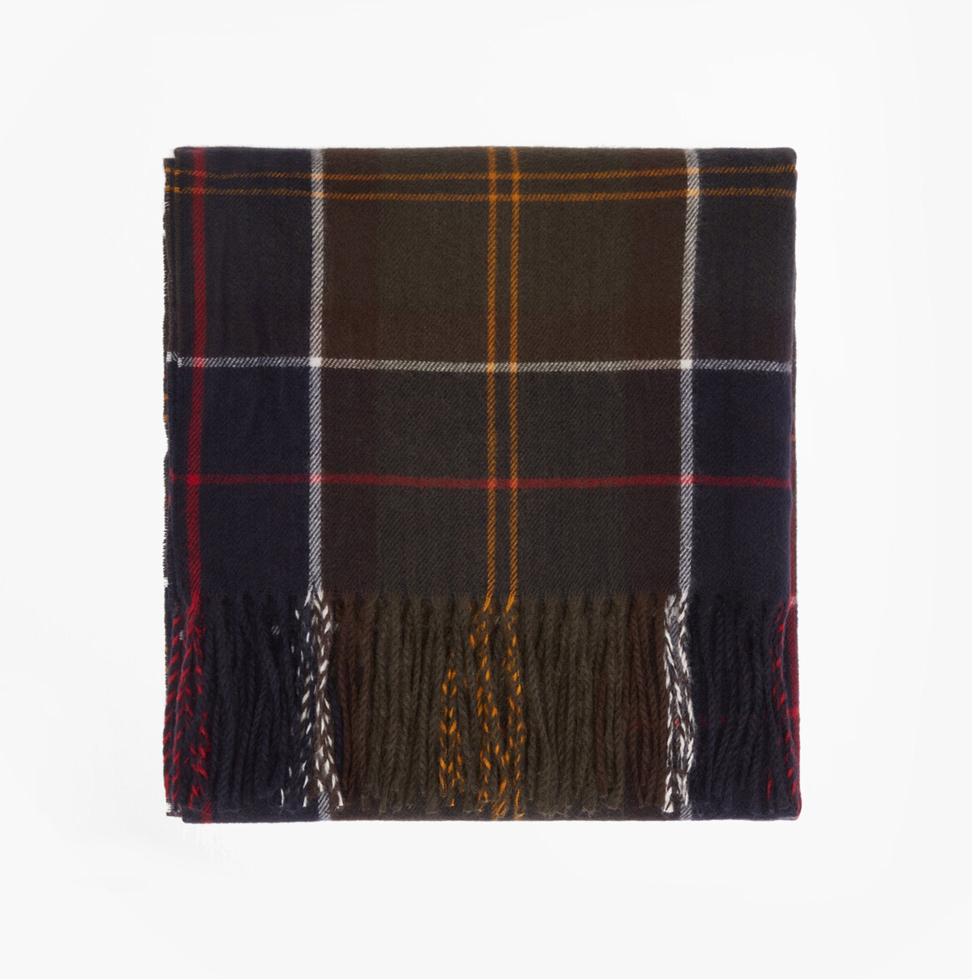 Barbour HAILESTARTAN Womens Winter Classic Tartan front view of warm plaid scarf with fringed edges.
