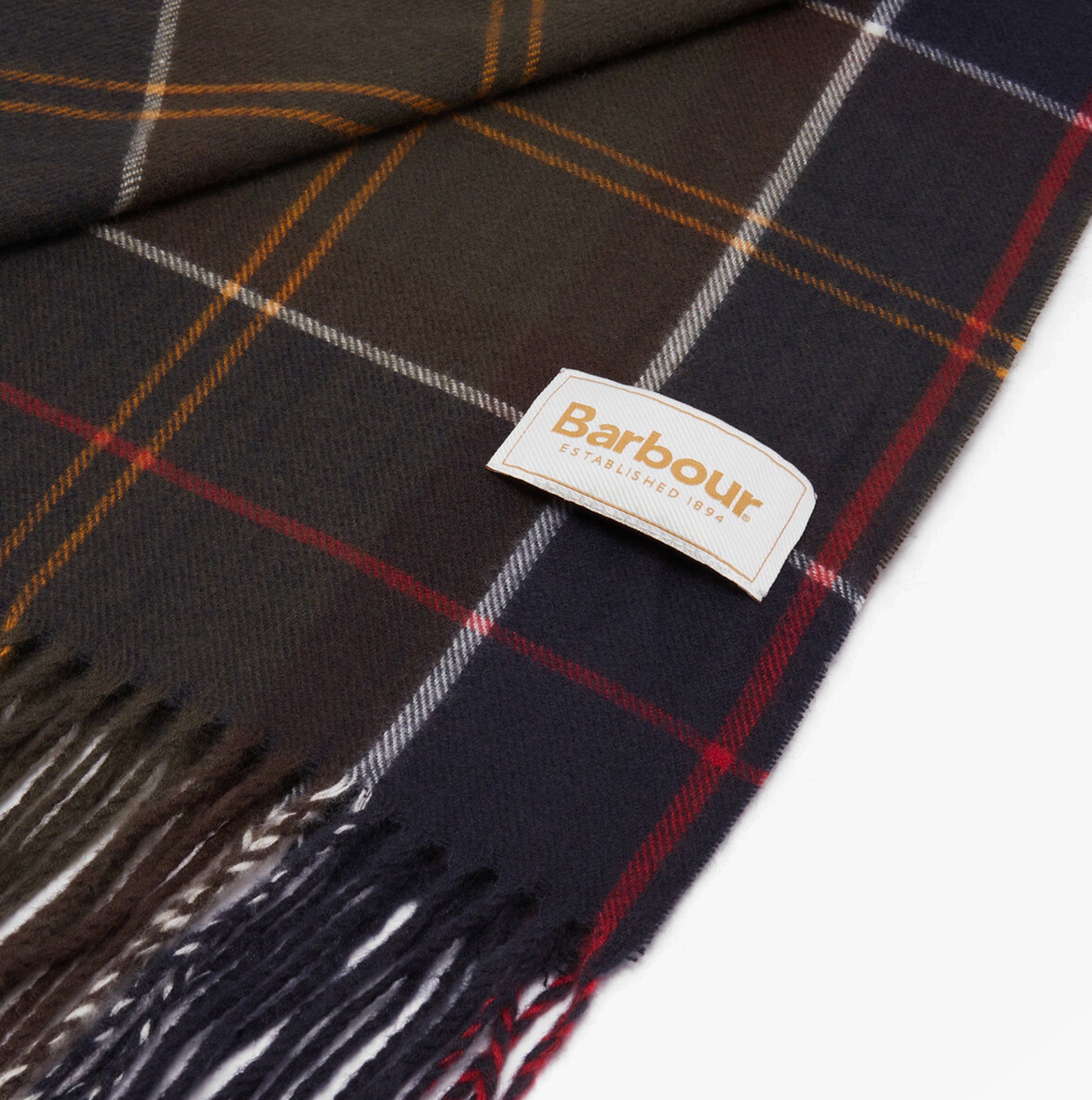 Barbour HAILESTARTAN Womens Winter Classic Tartan detail view of fabric and label with plaid design.