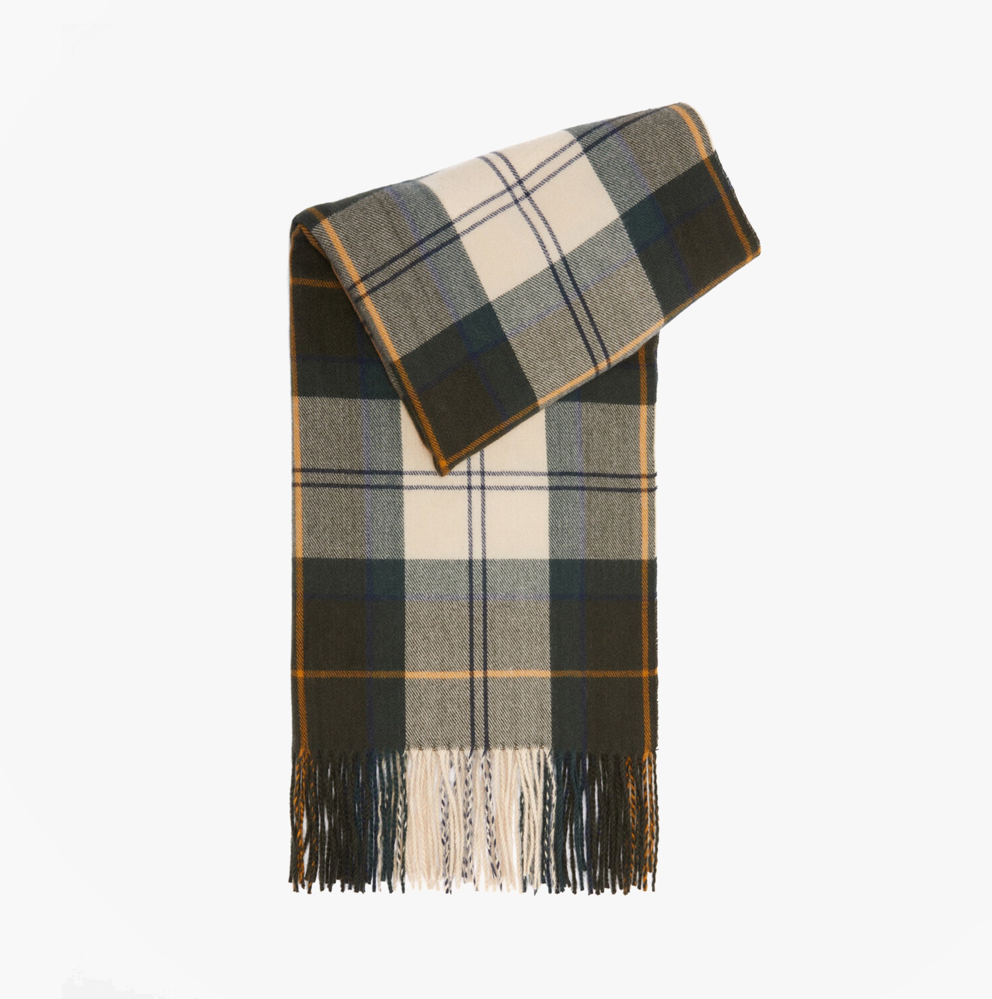 Barbour HAILESTARTAN Womens Winter Ancient Tartan front view showing the plaid design and fringed edges.