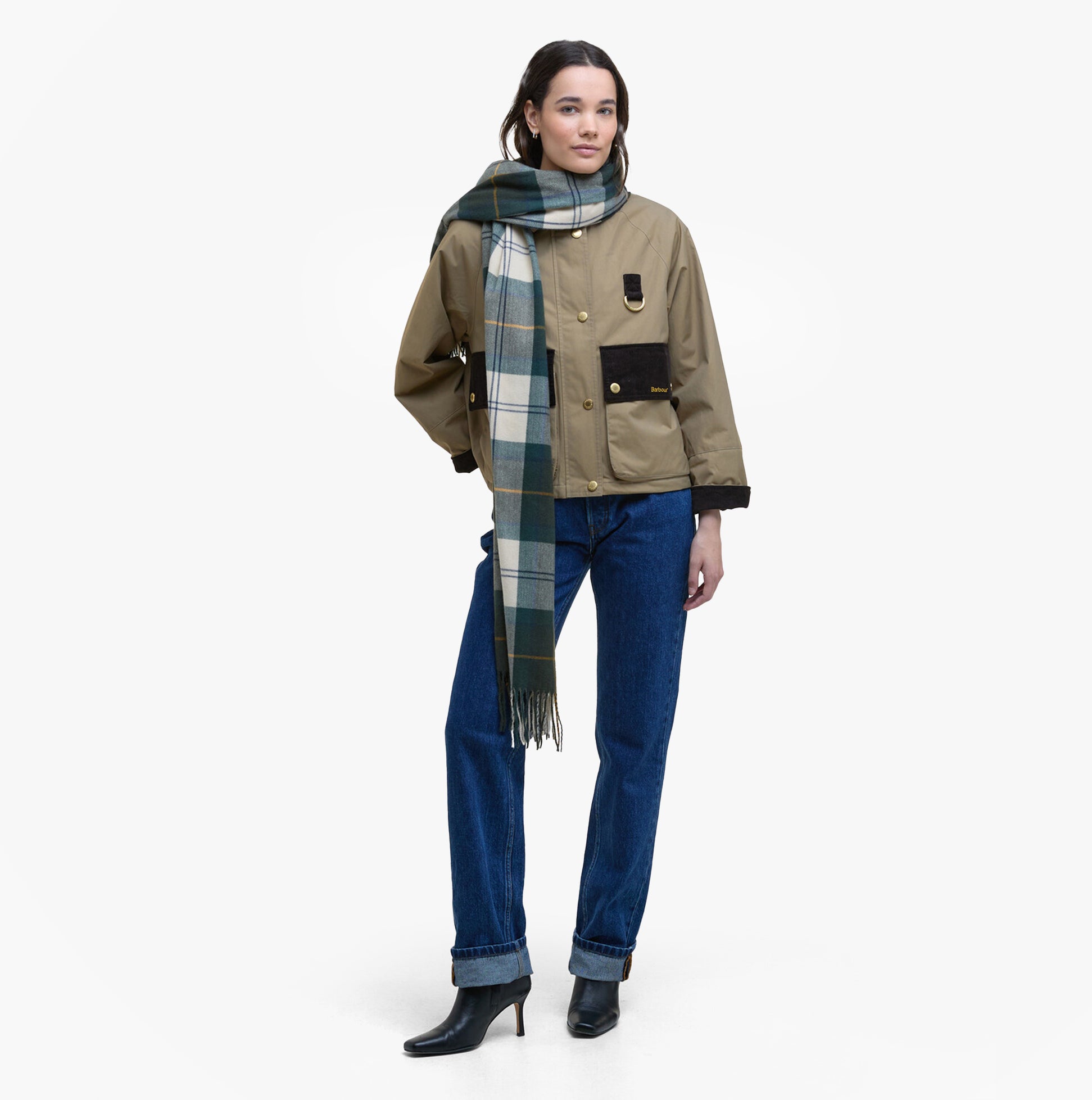 Barbour HAILESTARTAN Womens Winter Ancient Tartan front view with model wearing scarf and jacket in a fashion setting.