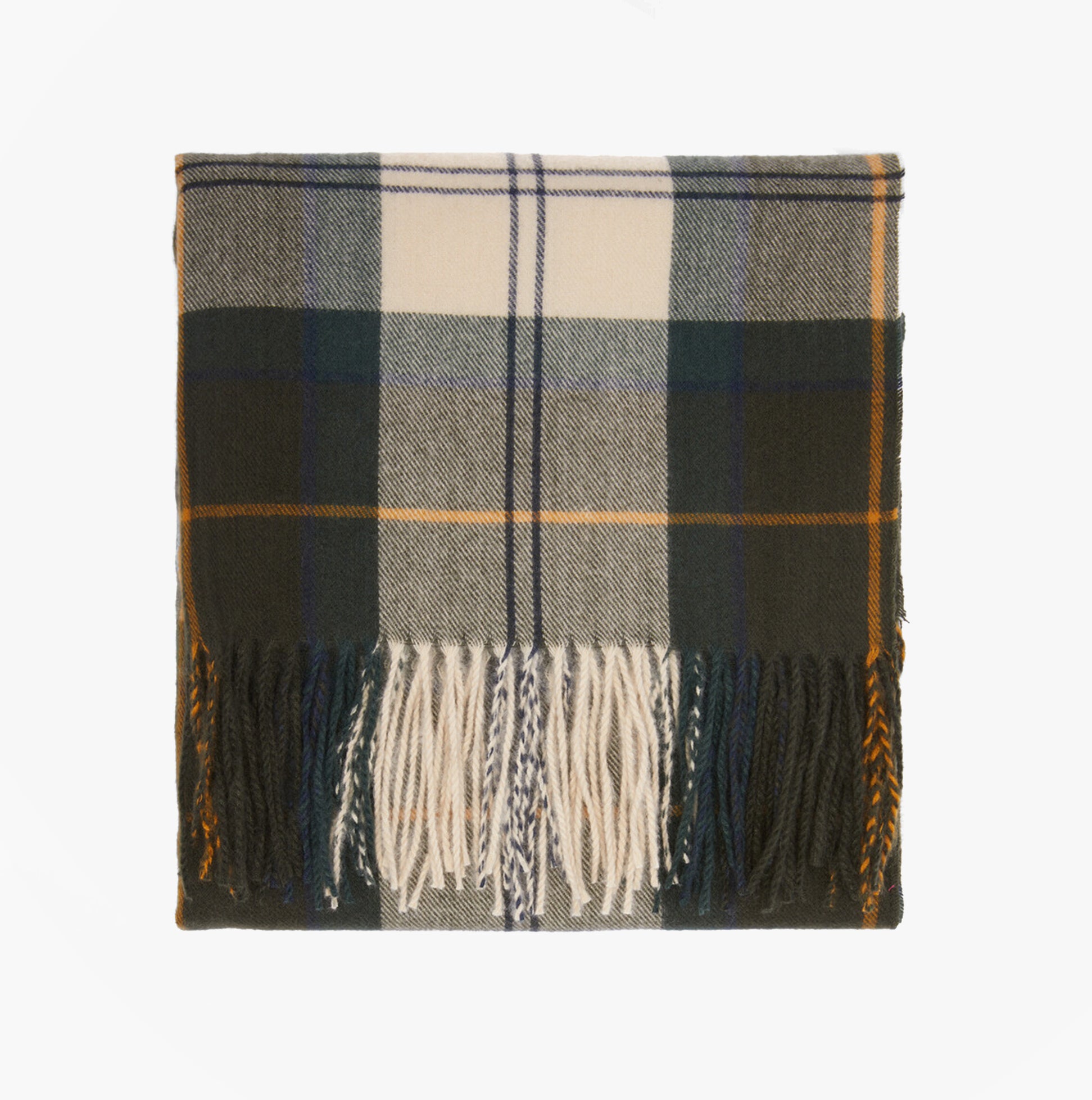 Barbour HAILESTARTAN Womens Winter Ancient Tartan top view of scarf with fringe and tartan pattern.