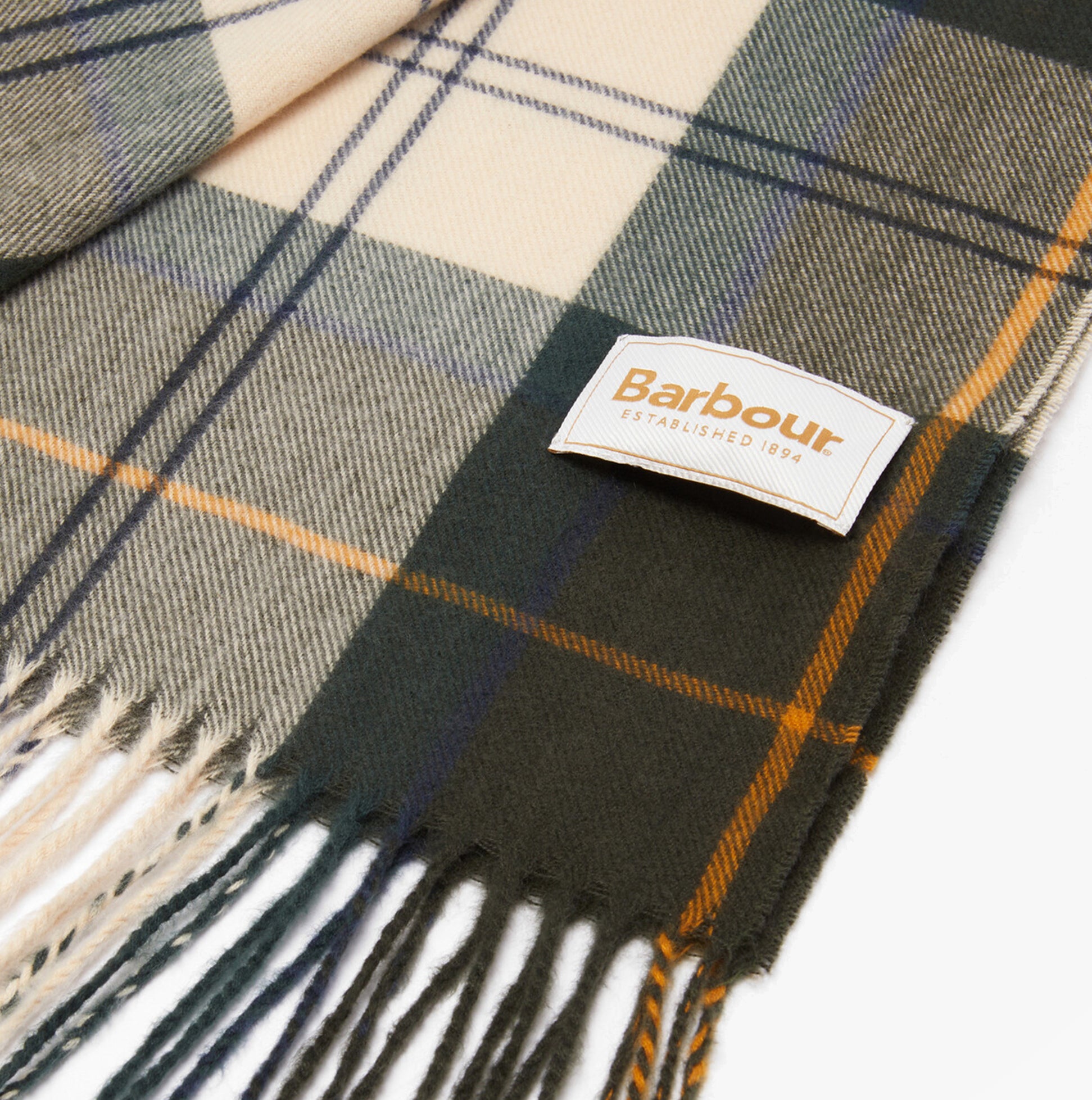 Barbour HAILESTARTAN Womens Winter Ancient Tartan detail view showcasing the scarf fabric and logo.