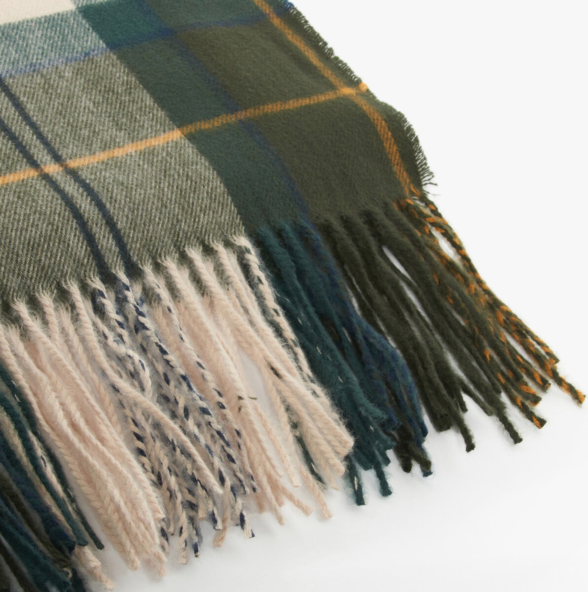Barbour HAILESTARTAN Womens Winter Ancient Tartan detail view showcasing fringe and plaid pattern.