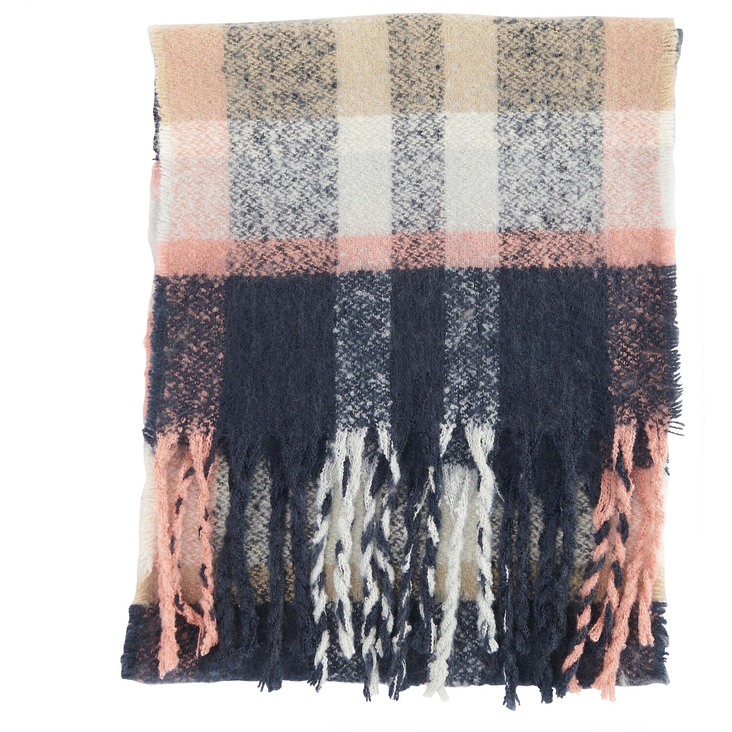 Barbour RAWSON CHECK Scarf Womens Navy/Pink Rust front view with oversized check pattern and XL tassels at hem.