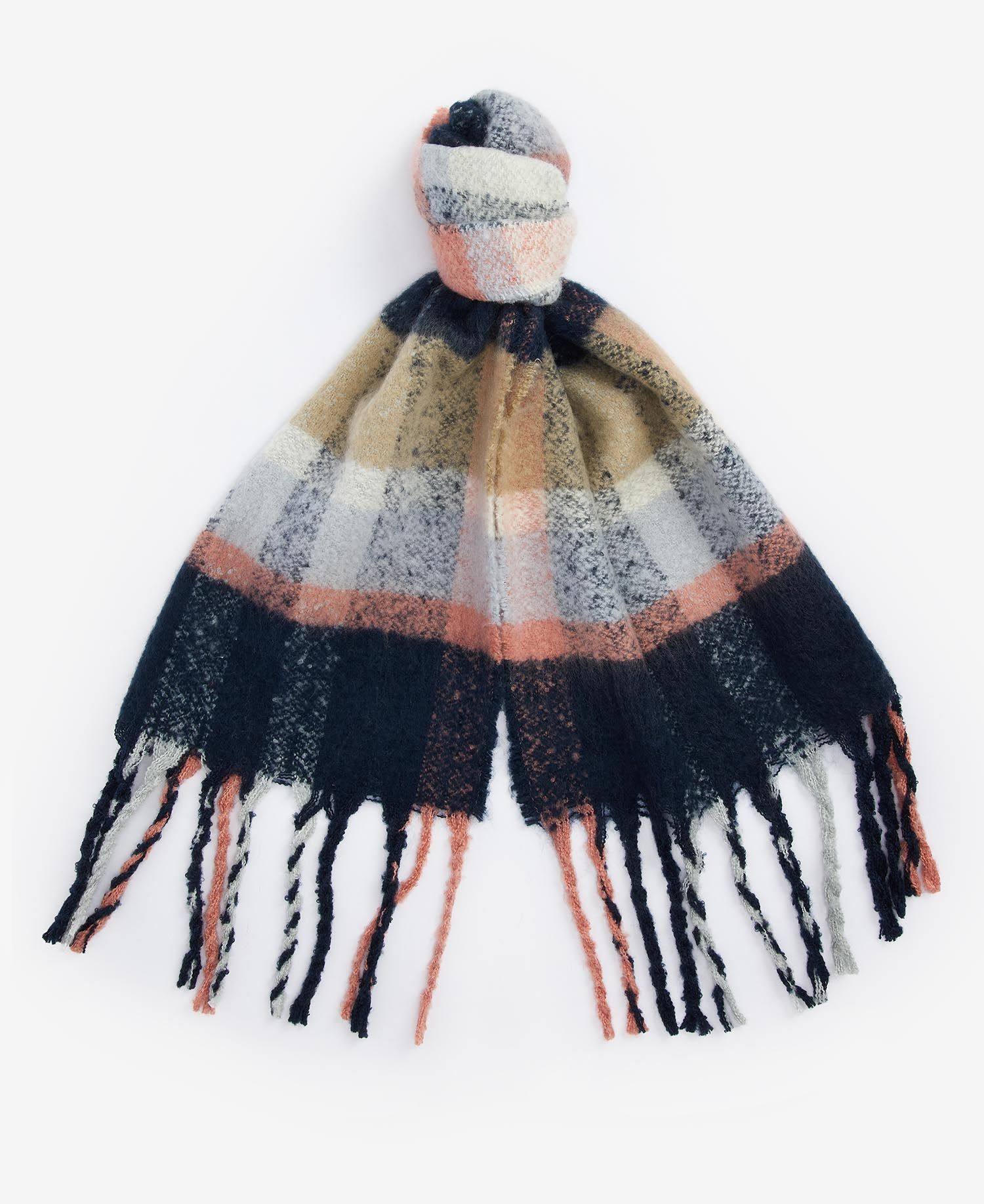 Barbour RAWSON CHECK Scarf Womens Navy/Pink Rust front view showing oversized check pattern and XL tassels.
