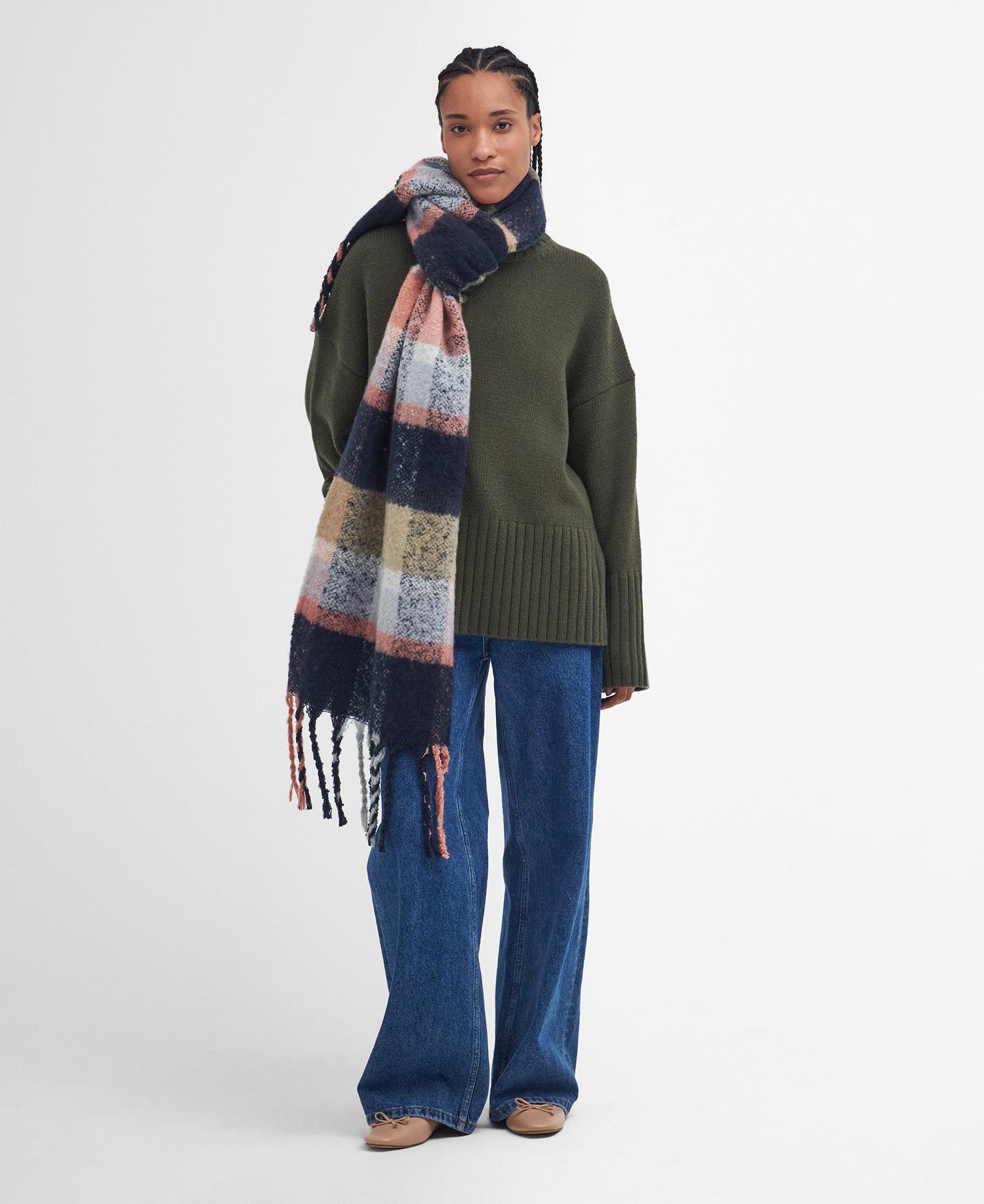 Barbour RAWSON CHECK Scarf Womens Navy/Pink Rust worn by model, showcasing oversized check pattern and XL tassels.