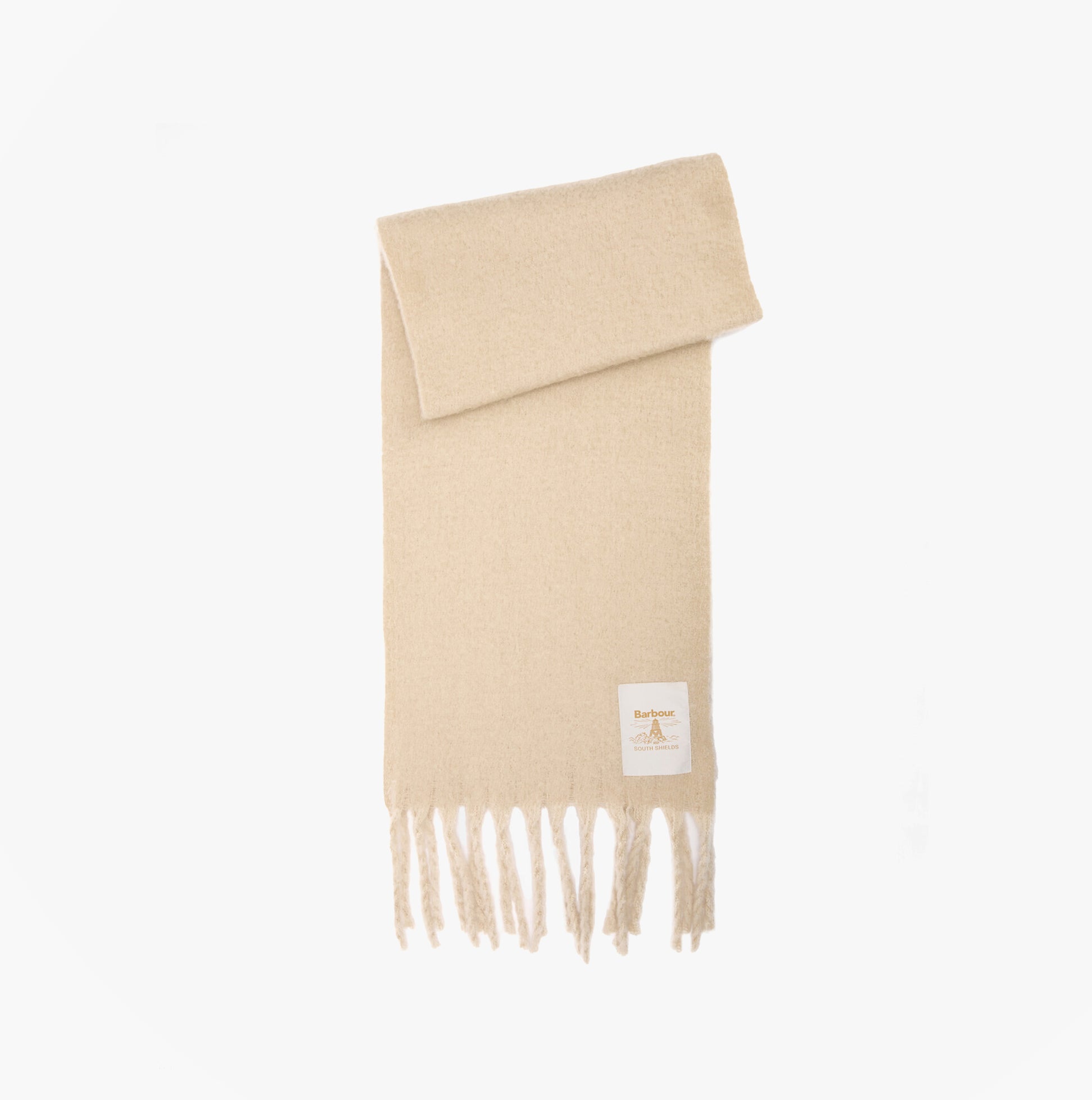 Barbour ELLISON Womens Winter Oatmeal scarf, front view, 100% polyester with fringe detail.