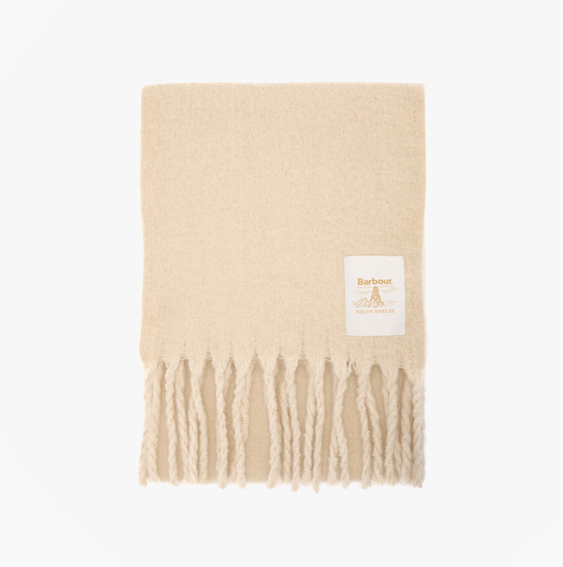 Barbour ELLISON Womens Winter Oatmeal front view soft scarf with fringes, beige color, 100% polyester.