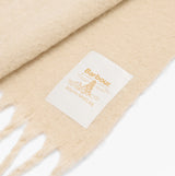 Barbour ELLISON Womens Winter Oatmeal detail view of the soft beige scarf showing the label