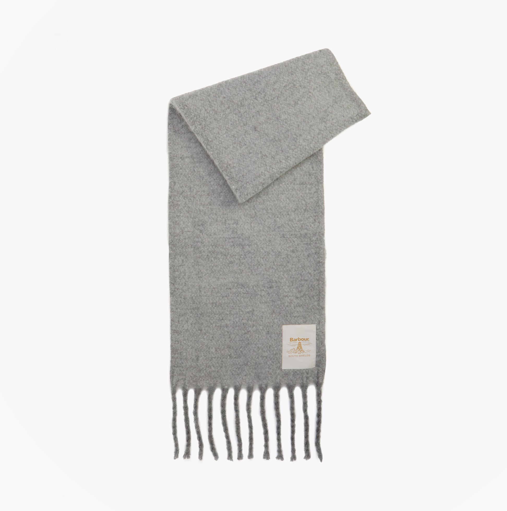 Barbour ELLISON Womens Winter Light Grey front view scarf with fringes, made of 100% polyester.