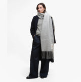Barbour ELLISON Womens Winter Light Grey scarf worn by model in front view, showcasing stylish design and material.