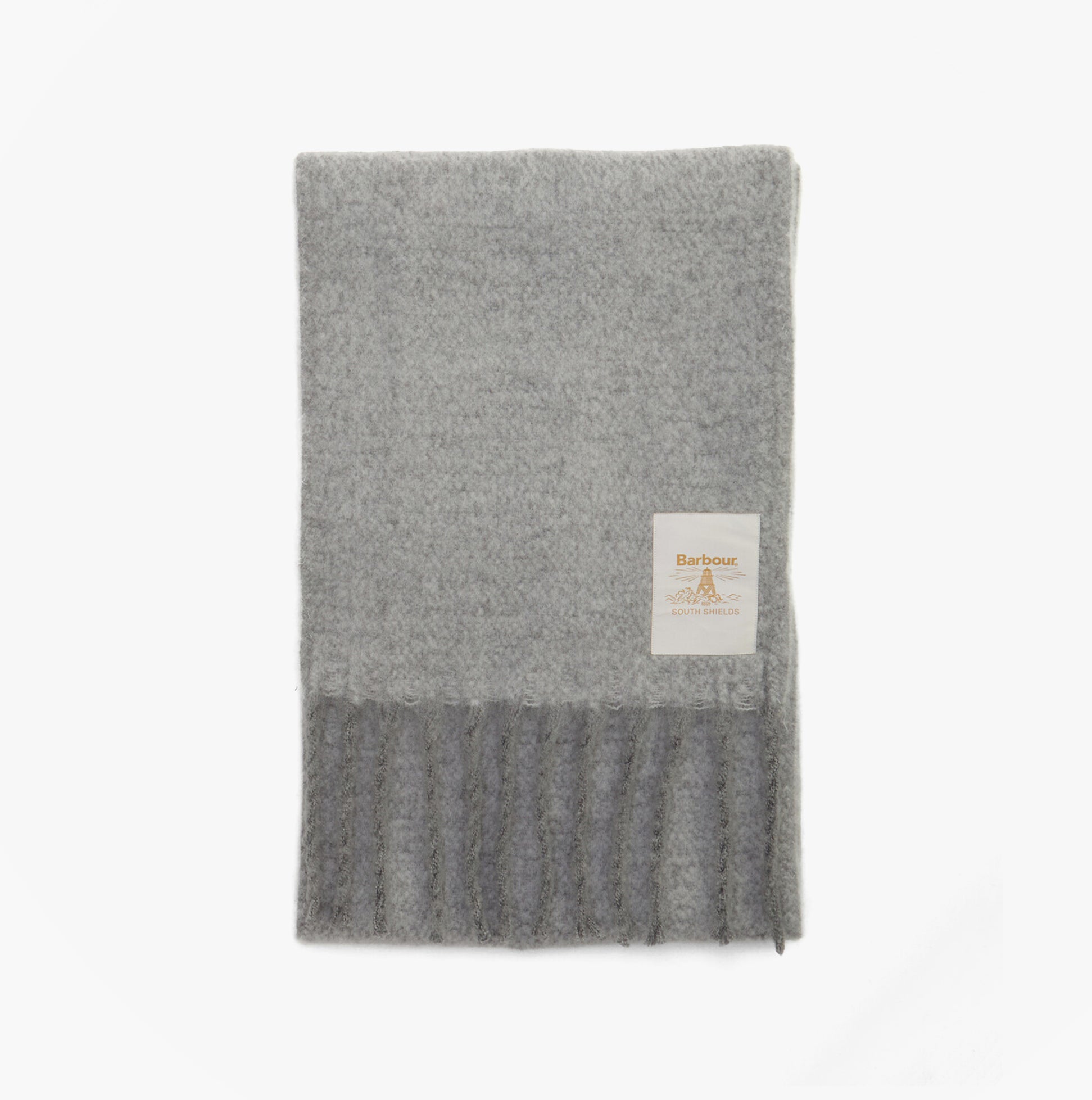 Barbour ELLISON Womens Winter Light Grey front view of soft polyester scarf with fringed edges.