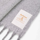 Barbour ELLISON Womens Winter Light Grey detail view of scarf with logo.