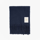 Barbour ELLISON Womens Winter Navy front view scarf with fringes and label, made of 100% polyester.