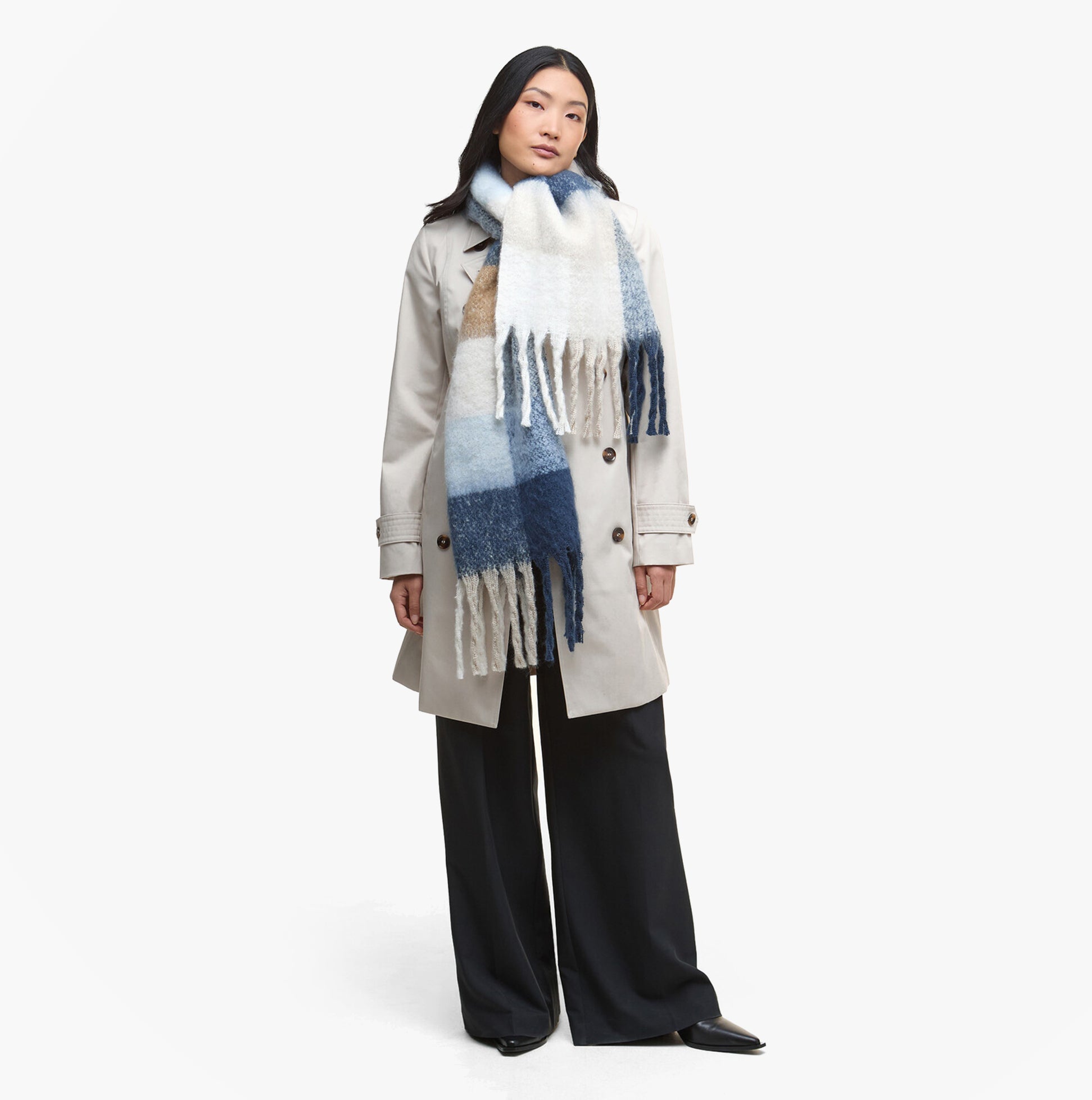 Barbour MARIE Womens Winter Ice Blue Check front view model wearing scarf in a stylish winter outfit.