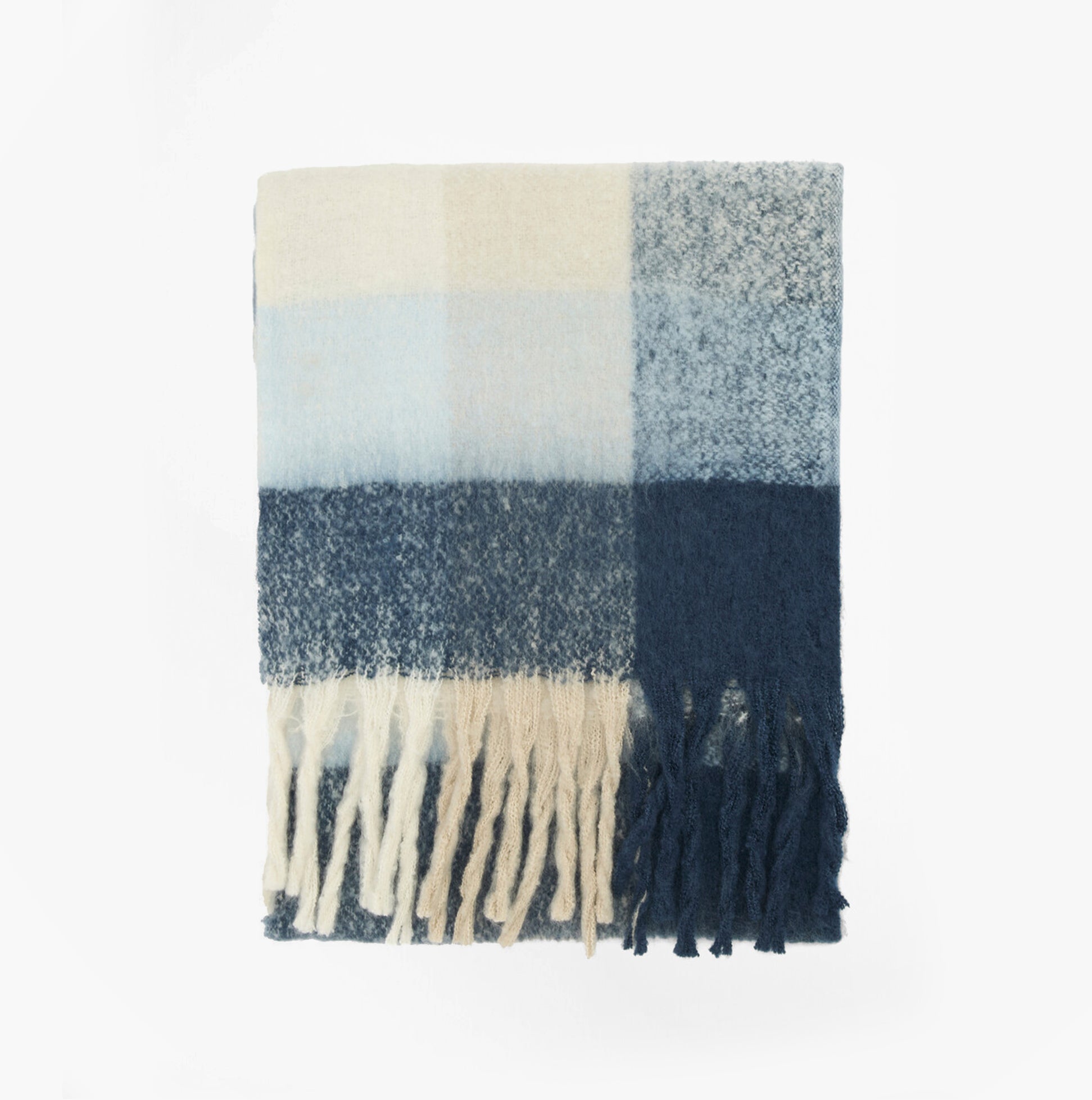 Barbour MARIE Womens Winter Ice Blue Check front view, patterned scarf in blue and cream with fringes, 100% Polyester.