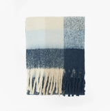 Barbour MARIE Womens Winter Ice Blue Check front view, patterned scarf in blue and cream with fringes, 100% Polyester.