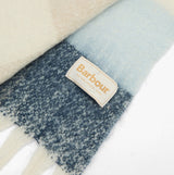 Barbour MARIE Womens Winter Ice Blue Check detail view of scarf with tag on light background.