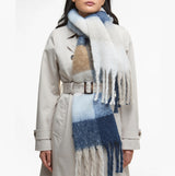 Barbour MARIE Womens Winter Ice Blue Check detail view of scarf worn by model with a trench coat.
