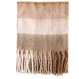 Barbour MARIE Scarf Womens Camel, flat view with all-over check pattern and tassels at hem.