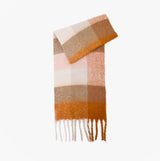 Barbour MARIE Womens Winter Mustard Check front view scarf with check pattern in mustard and pastel colors.