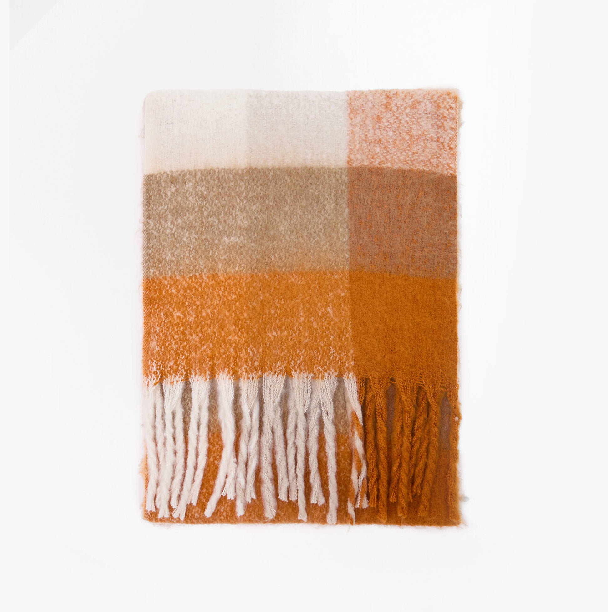 Barbour MARIE Womens Winter Mustard Check front view of cozy scarf with orange and cream check pattern.