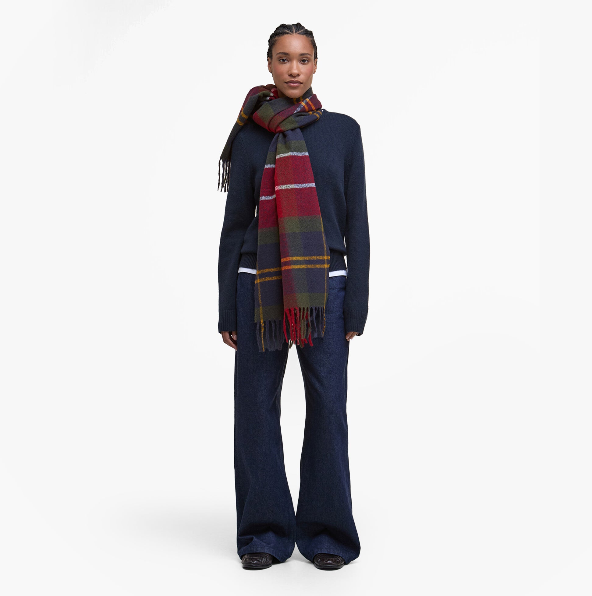 Barbour DEANNA TARTAN Womens Winter Winterberry Tartan front view, model wearing scarf with winter tones.