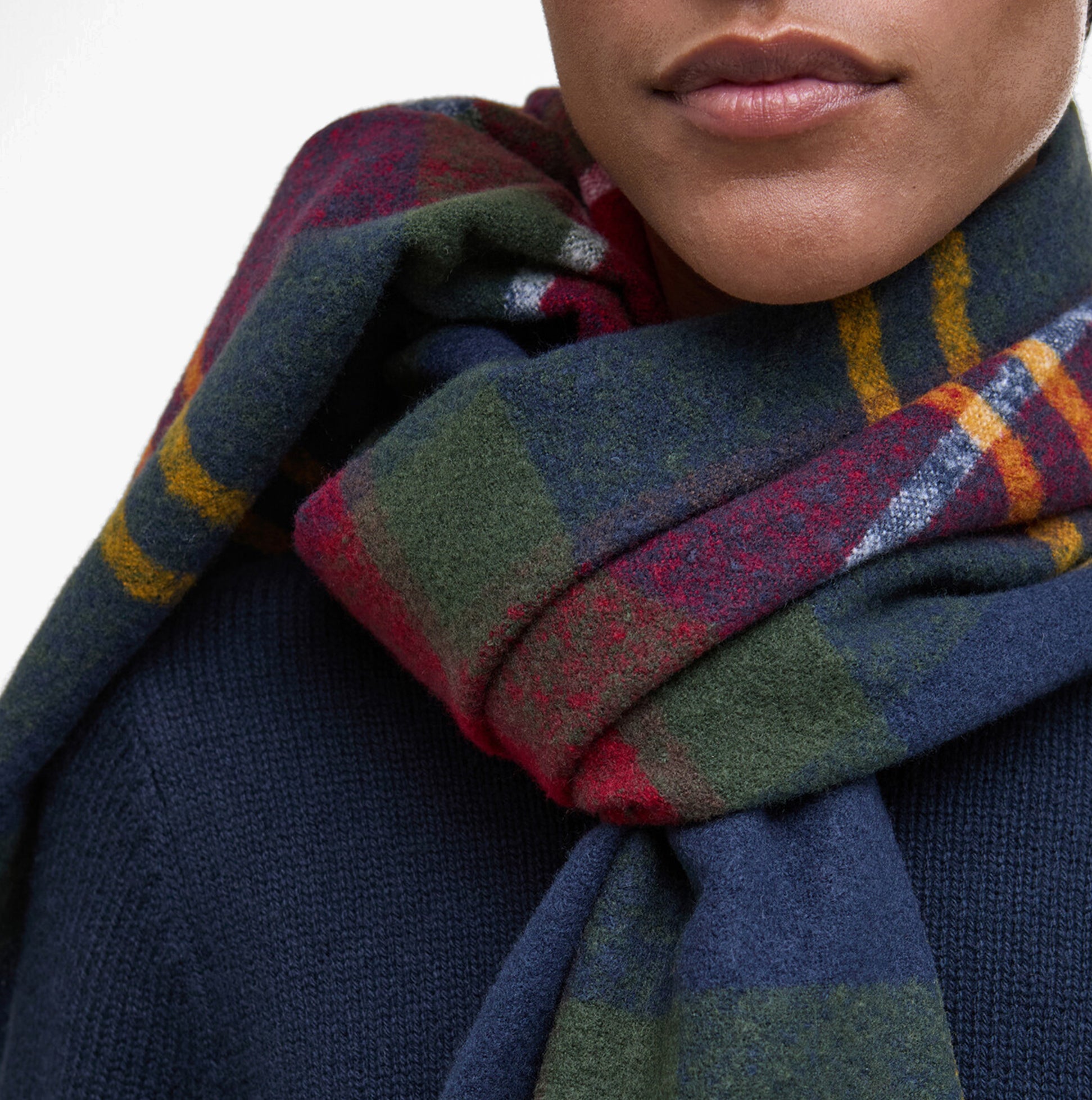 Barbour DEANNA TARTAN Womens Winter Winterberry Tartan detail view of scarf draped around neck