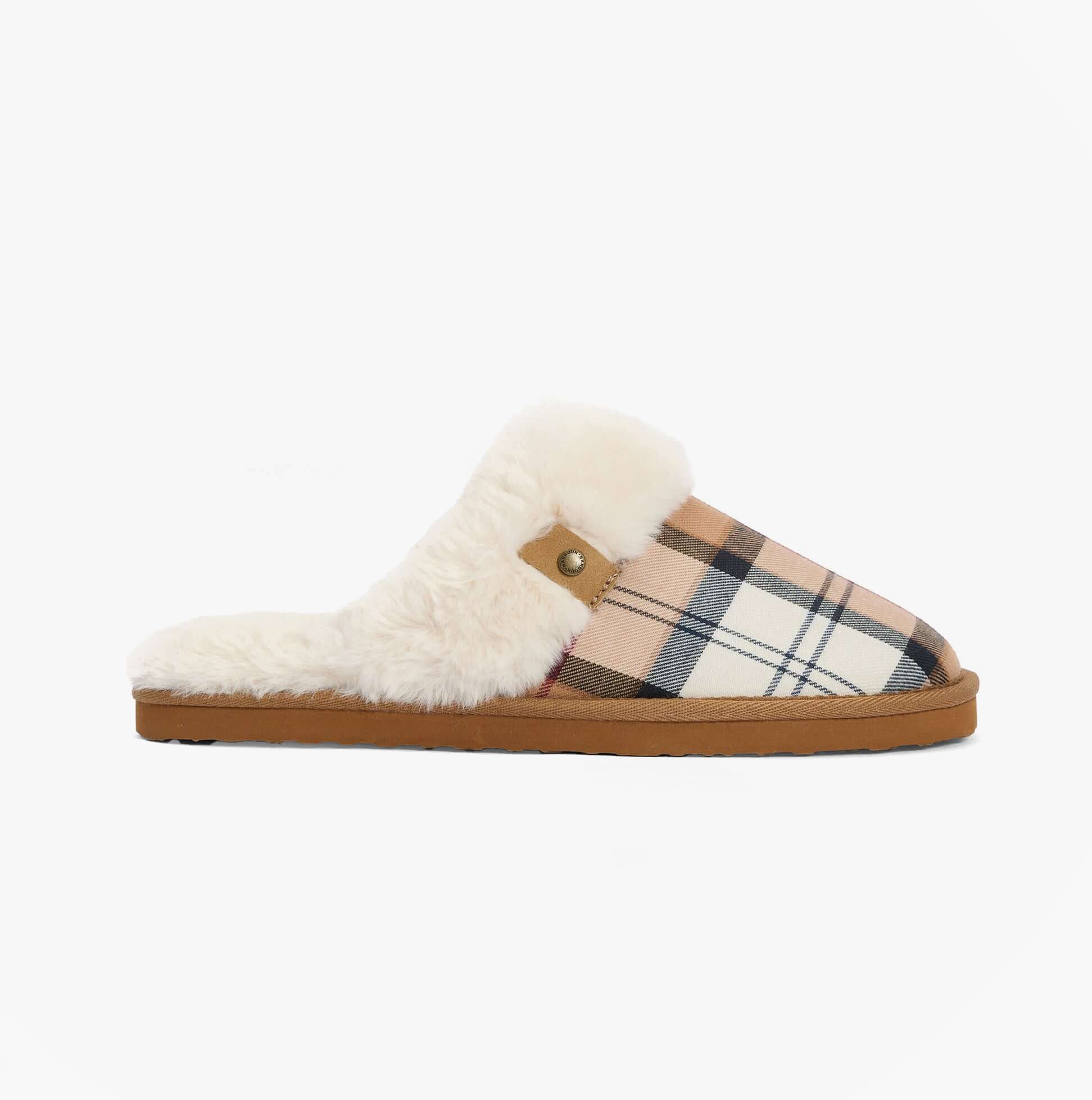 Barbour CLAUDIA Womens Mule Slippers Hessian Tartan side view featuring plush lining and tartan pattern.