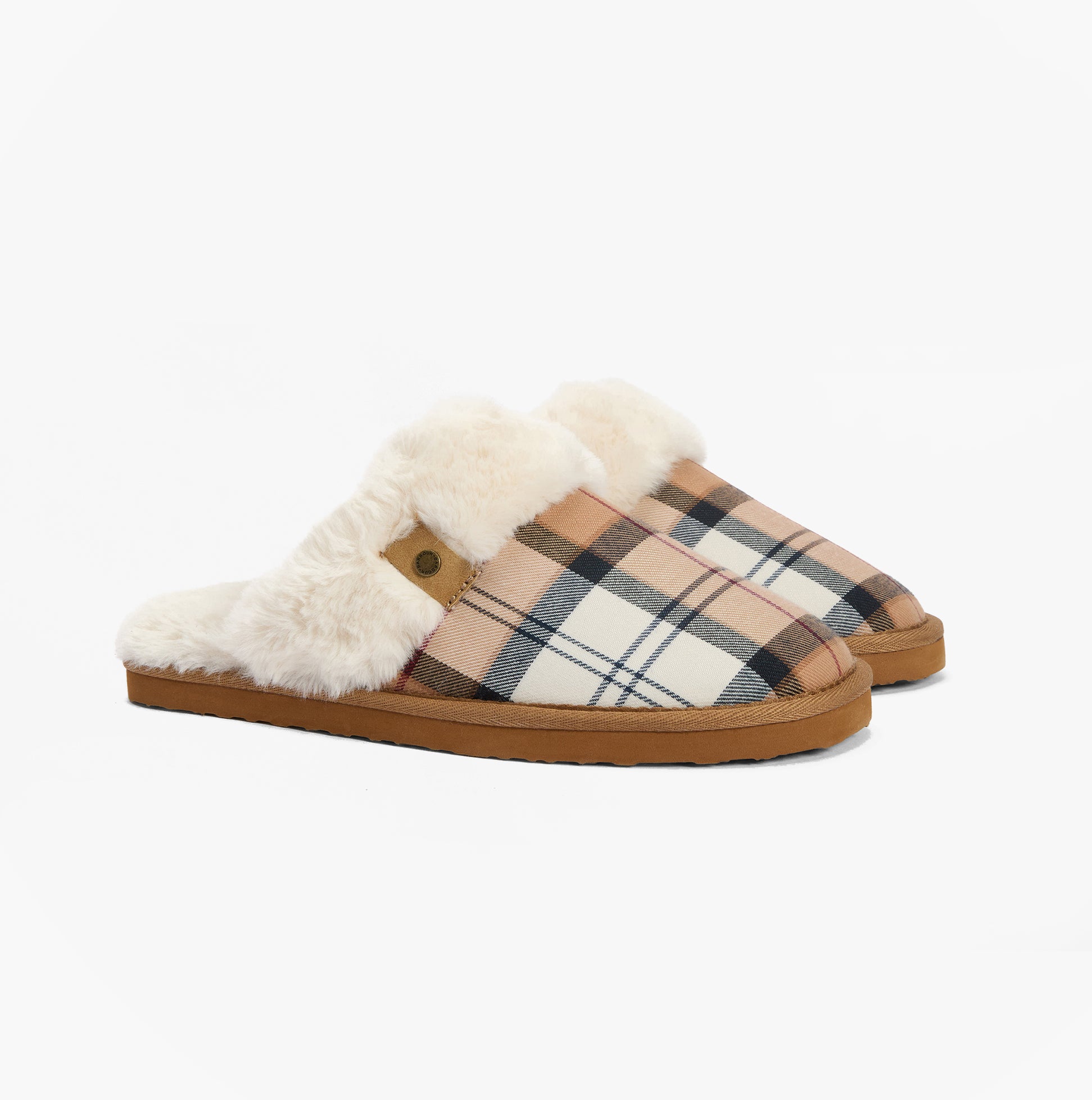 Barbour CLAUDIA Womens Mule Slippers Hessian Tartan side view featuring microfiber upper and faux fur lining.