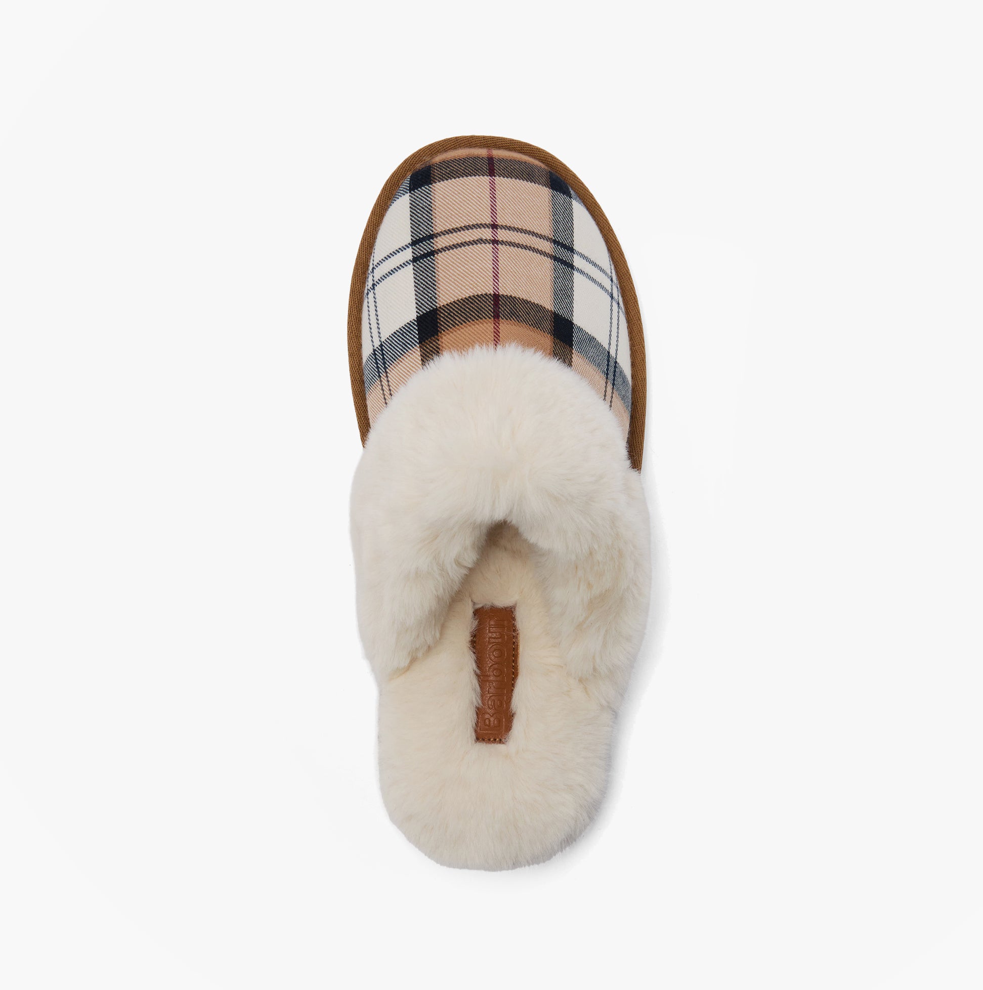 Barbour CLAUDIA Womens Mule Slippers Hessian Tartan top view showcasing tartan pattern and soft lining.