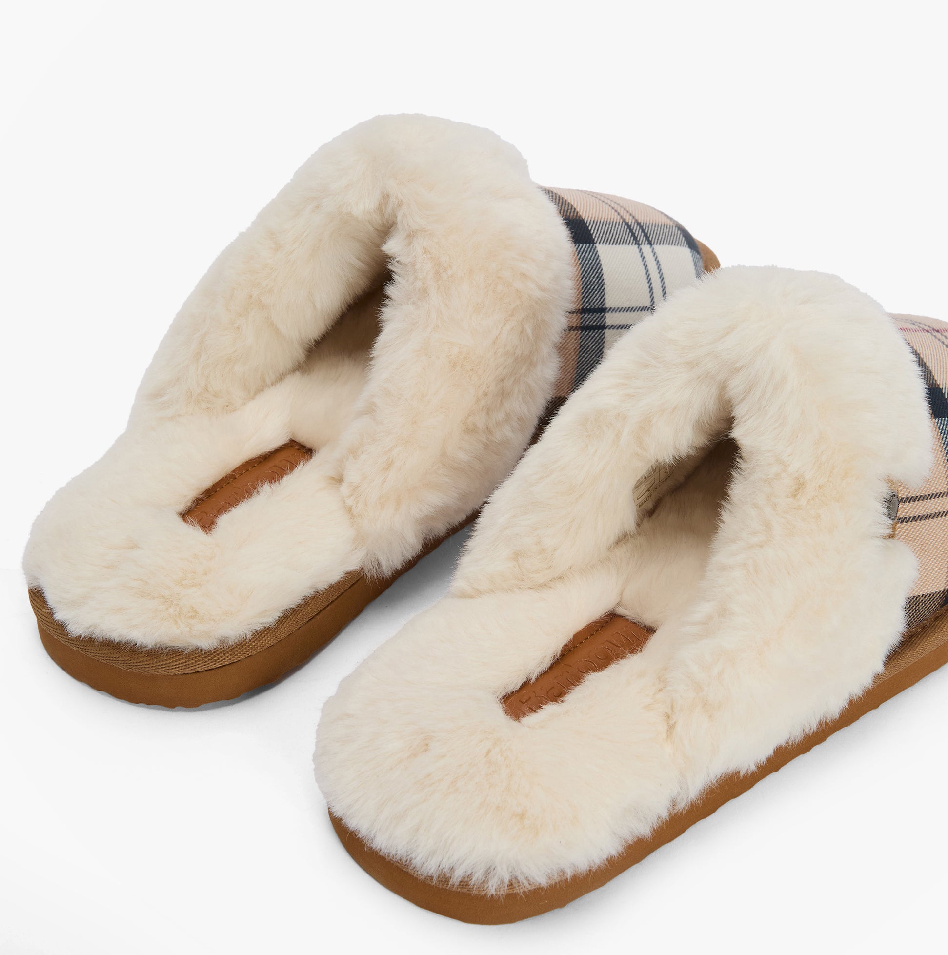 Barbour CLAUDIA Womens Mule Slippers Hessian Tartan rear view showing plush lining and soft faux fur upper.