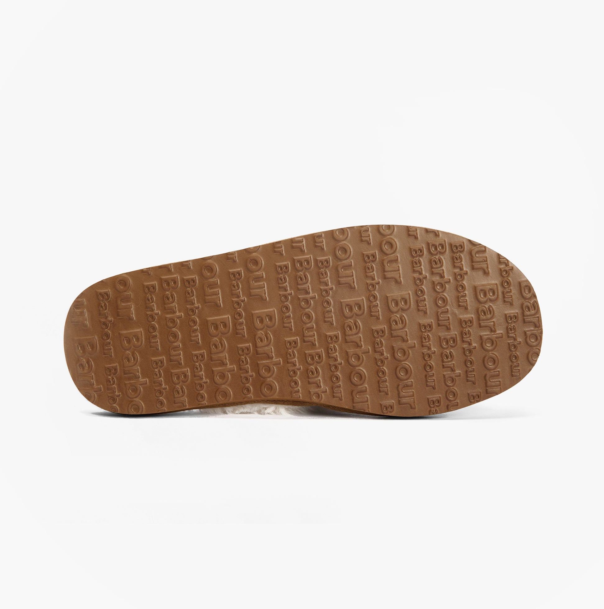 Barbour CLAUDIA Womens Mule Slippers Hessian Tartan sole view, showcasing the engraved logo and textured pattern.