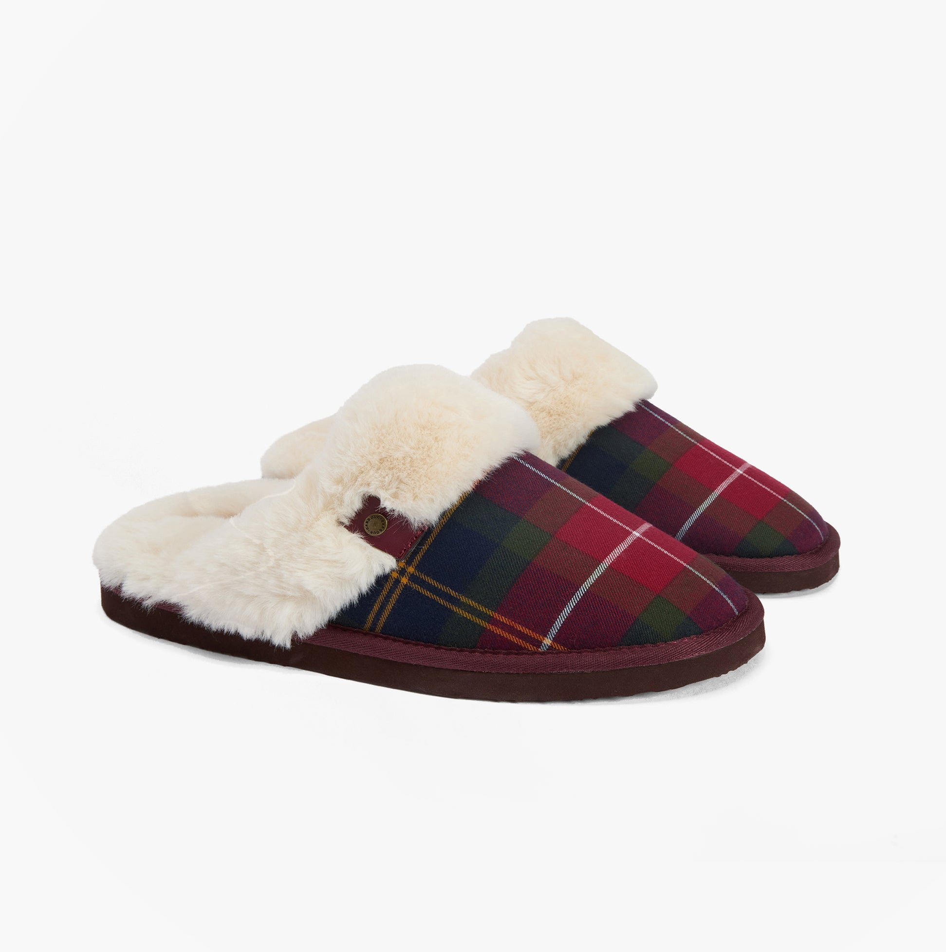 Barbour CLAUDIA Womens Mule Slippers Winterberry Tartan side view showcasing plush lining and tartan design