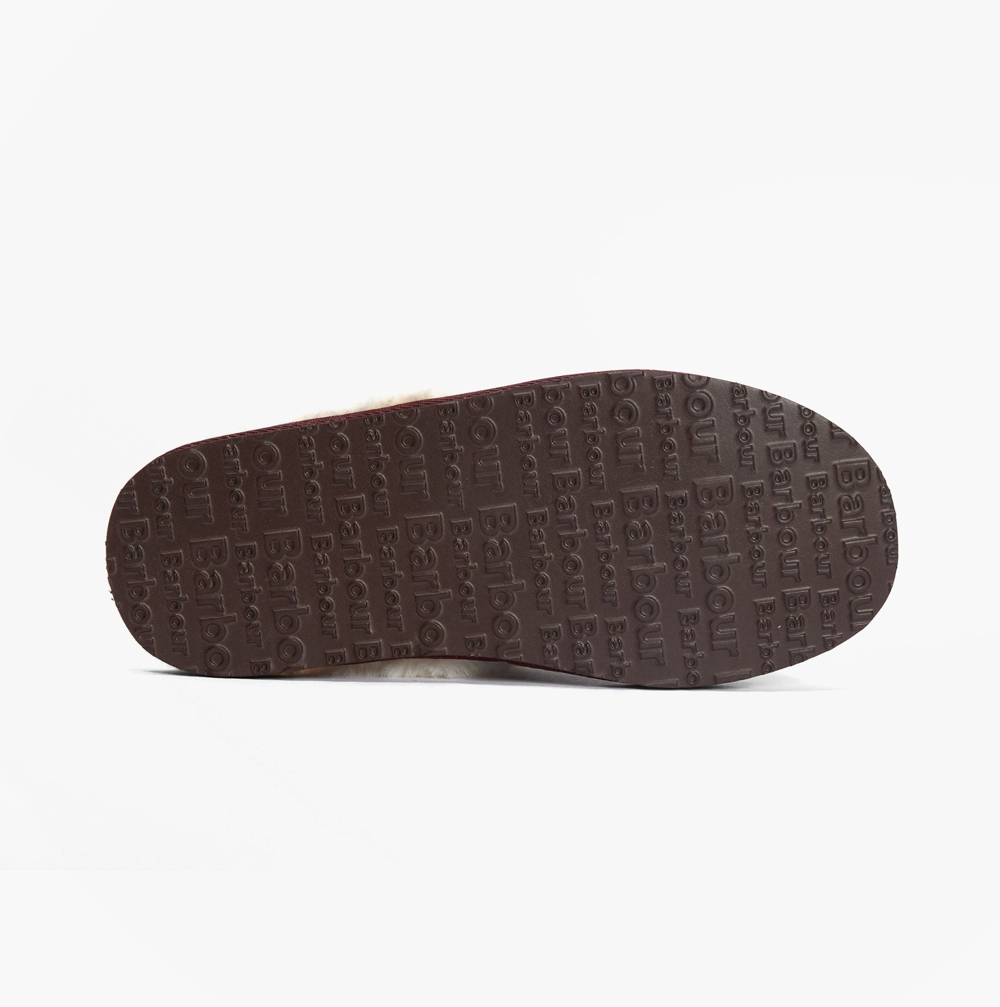 Barbour CLAUDIA Womens Mule Slippers Winterberry Tartan sole view with embossed brand logo and textured underside.