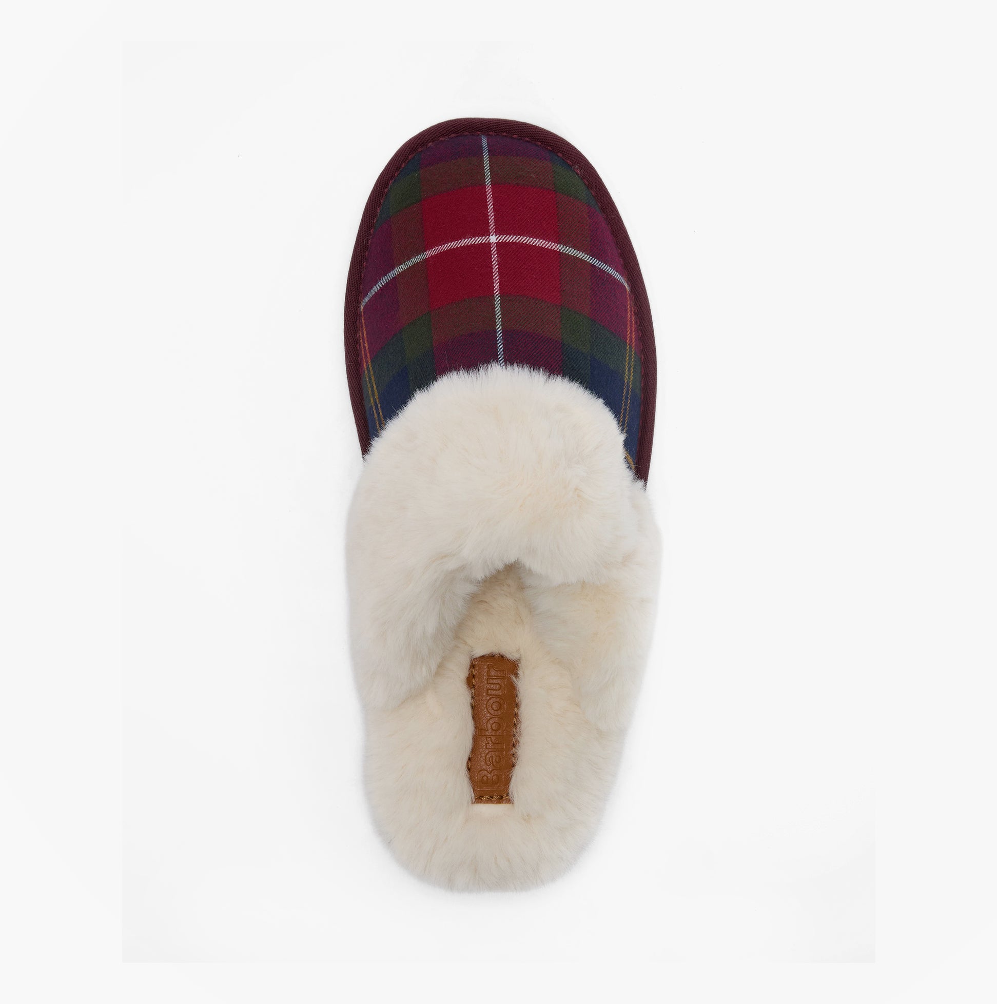 Barbour CLAUDIA Womens Mule Slippers Winterberry Tartan top view showing plush lining and tartan design.