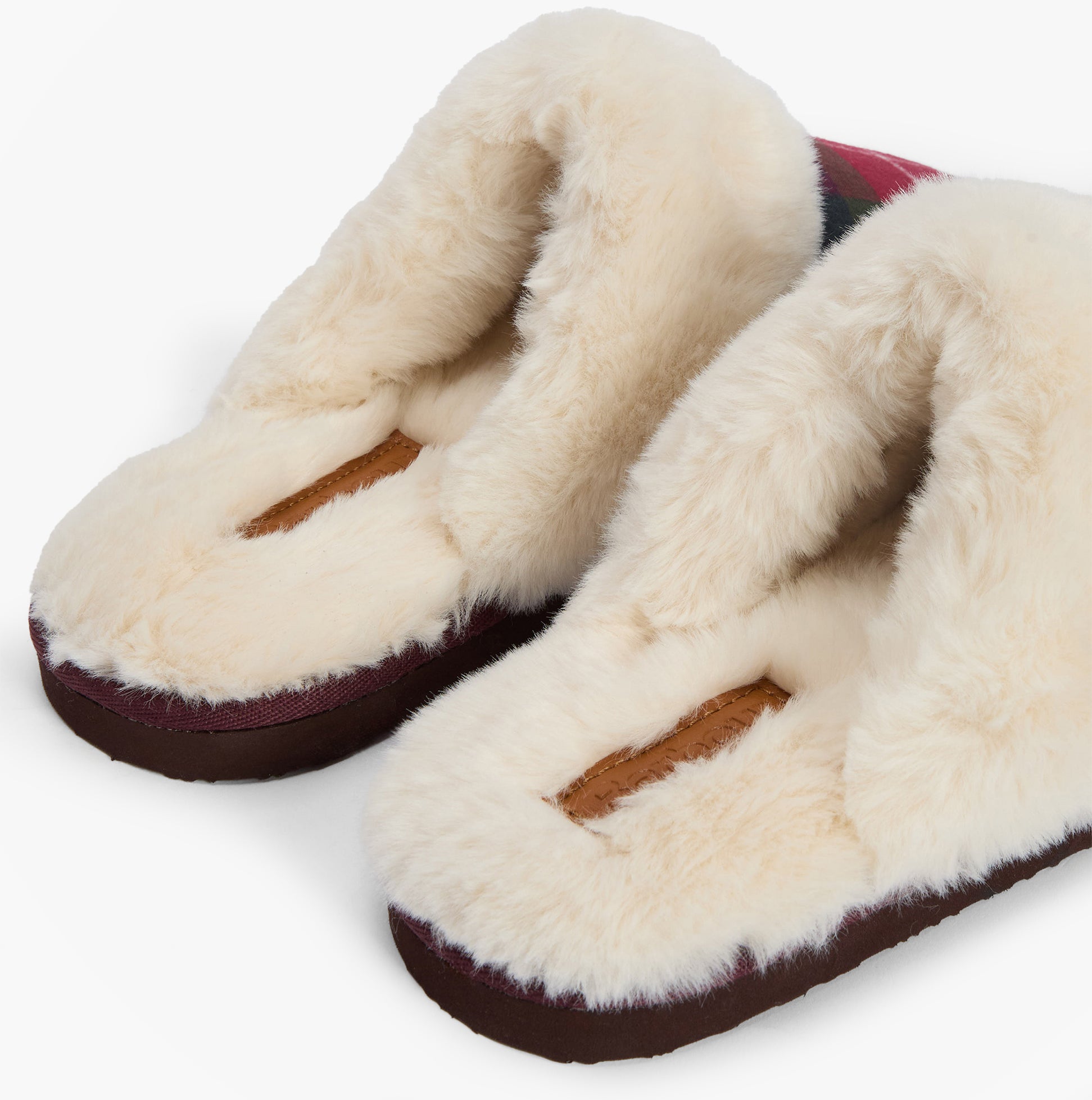 Barbour CLAUDIA Womens Mule Slippers Winterberry Tartan close-up view showing soft fleece lining and relaxed toe design.