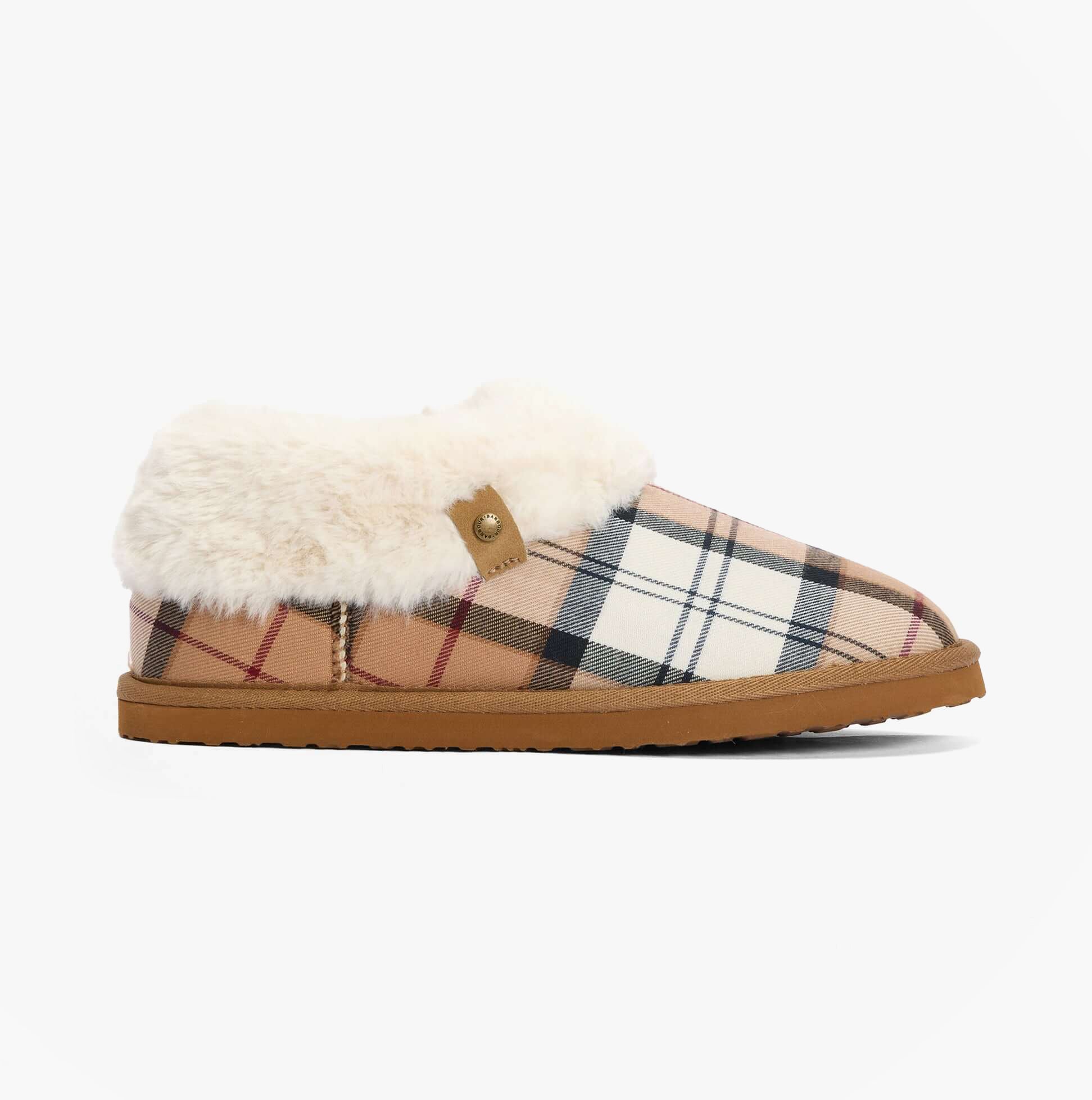 Barbour ELOISE Womens Boot Slippers Hessian Tartan side view with faux fur lining and plaid design.