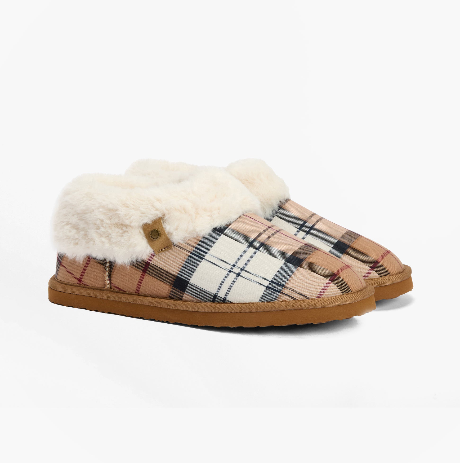 Barbour ELOISE Womens Boot Slippers Hessian Tartan side view showcasing cozy design and plaid pattern.