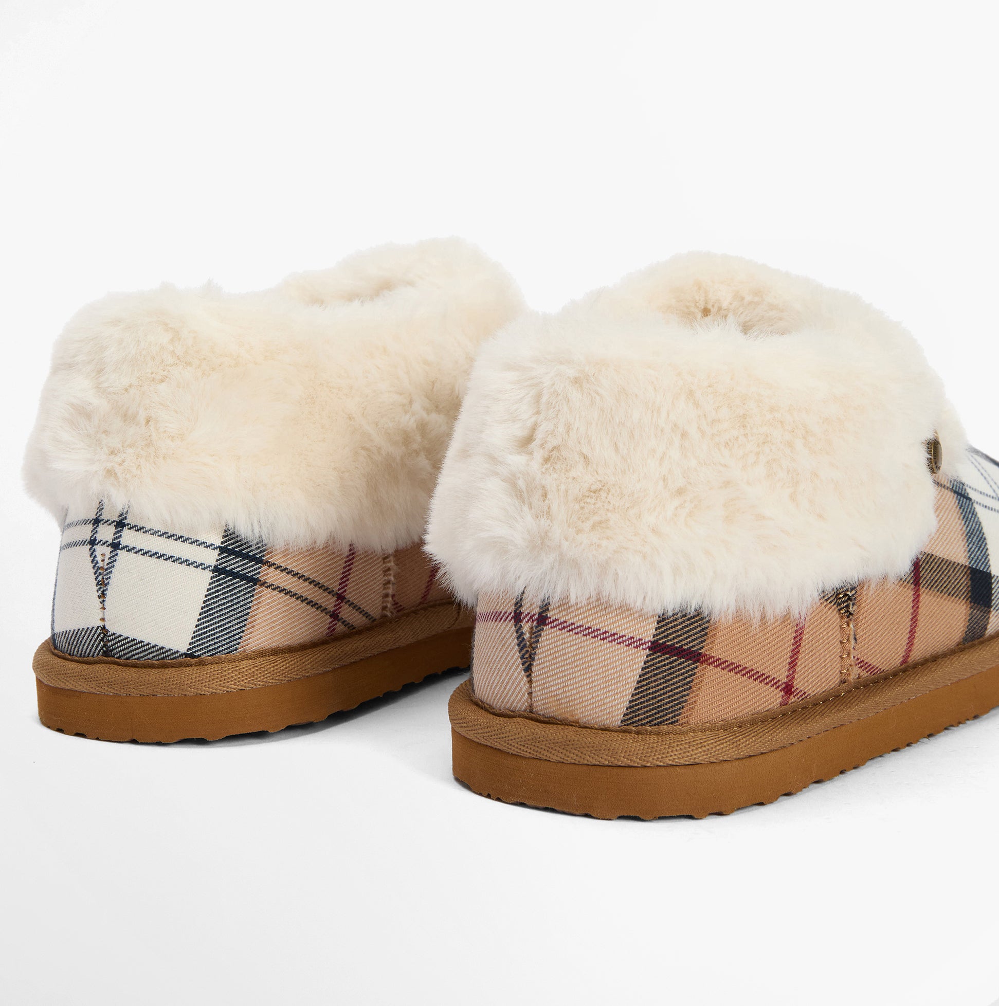 Barbour ELOISE Womens Boot Slippers Hessian Tartan rear view with faux fur collar and cushioned sole.