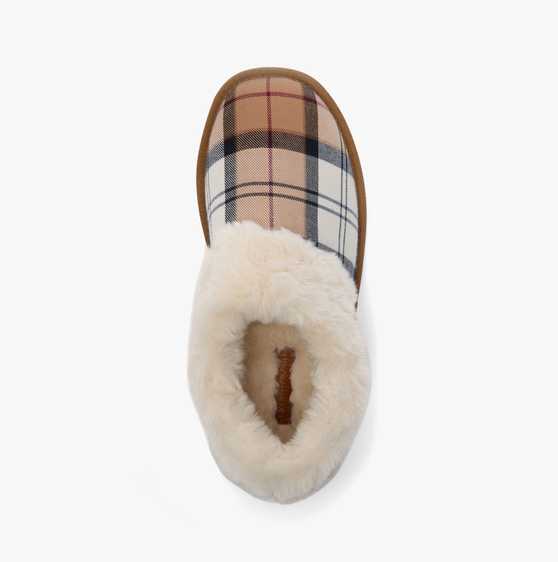 Barbour ELOISE Womens Boot Slippers Hessian Tartan top view showing hessian tartan pattern and fluffy lining.