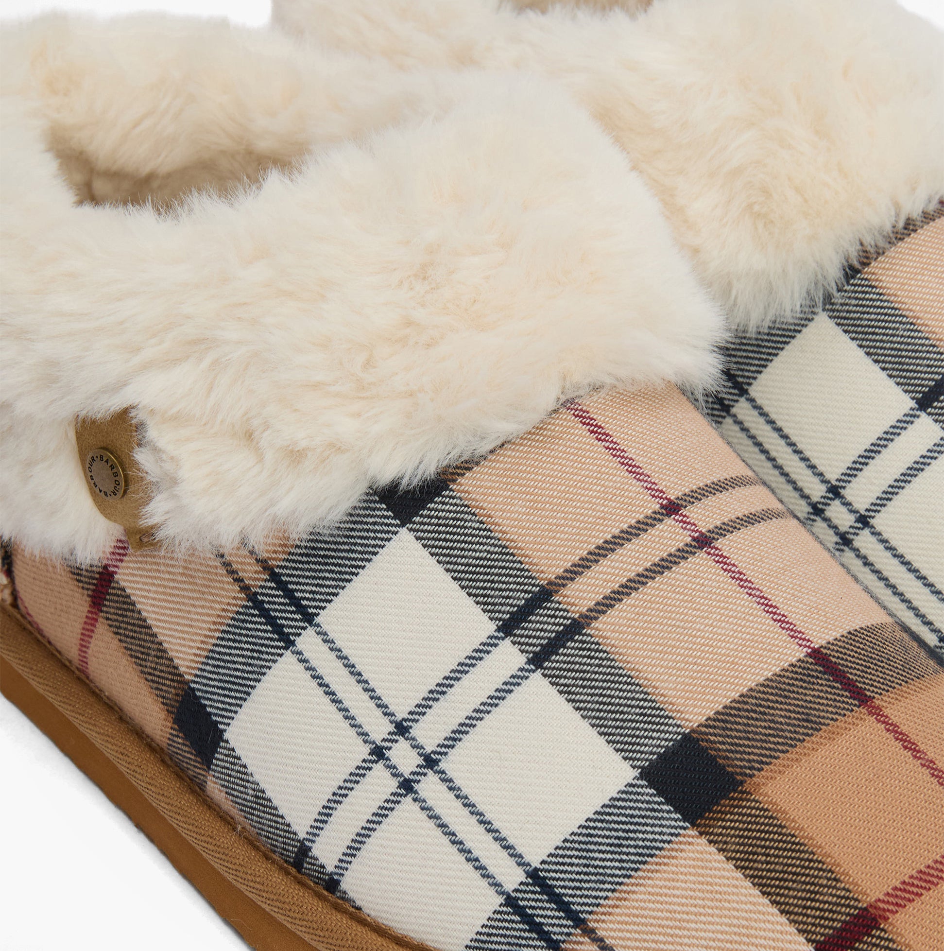 Barbour ELOISE Womens Boot Slippers Hessian Tartan detail view showcasing soft fur lining and stylish tartan pattern.