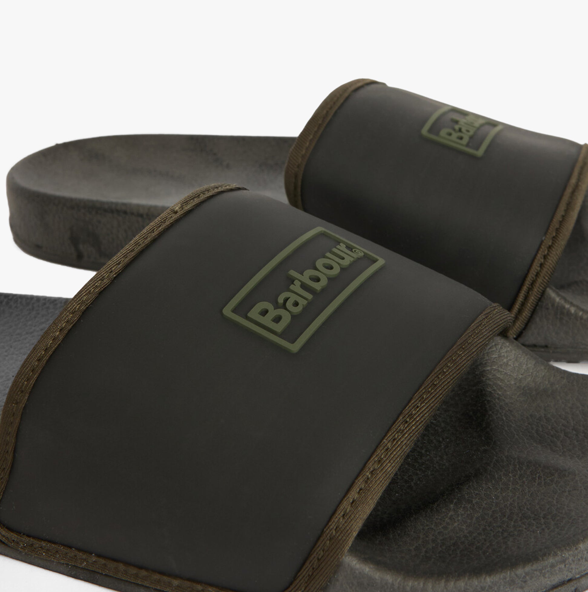 Barbour CRESSWELL Mens Sliders Black close-up view showing the comfortable slip-on design and rubber sole.