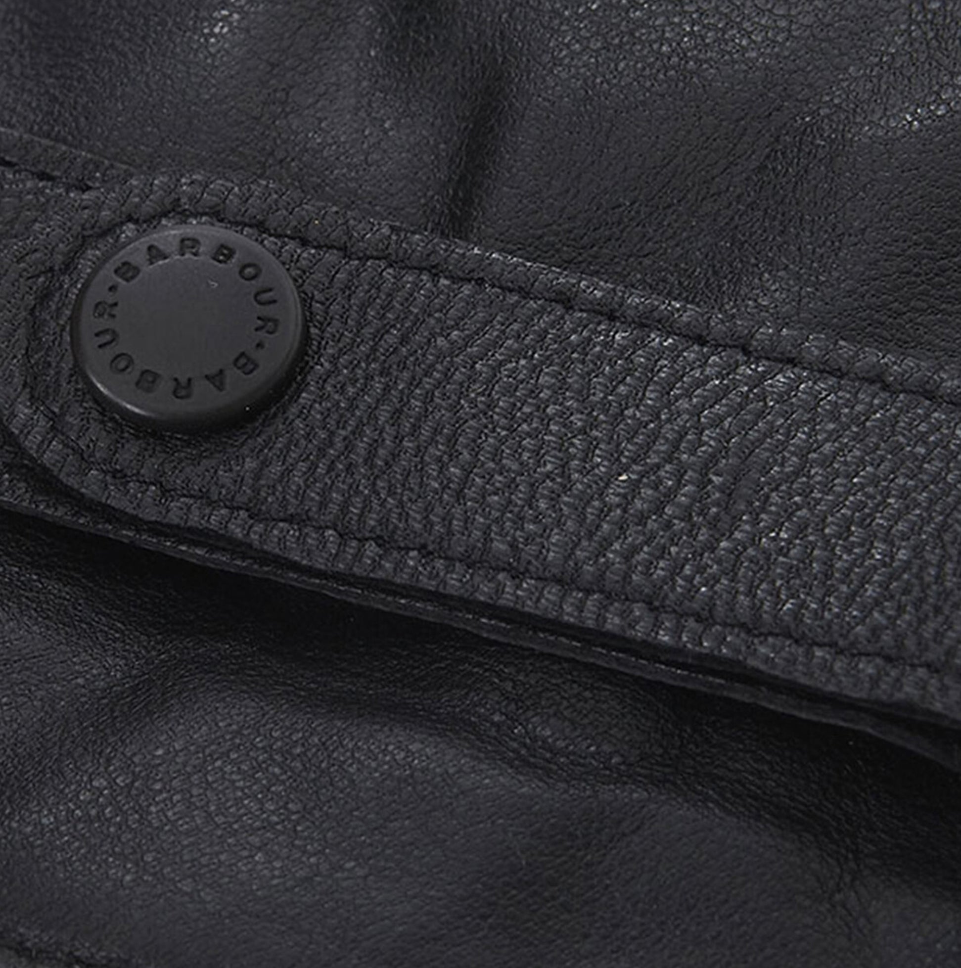 Barbour BURNISHED LEATHER THINSULATE Mens Gloves Black detail view of button and leather texture