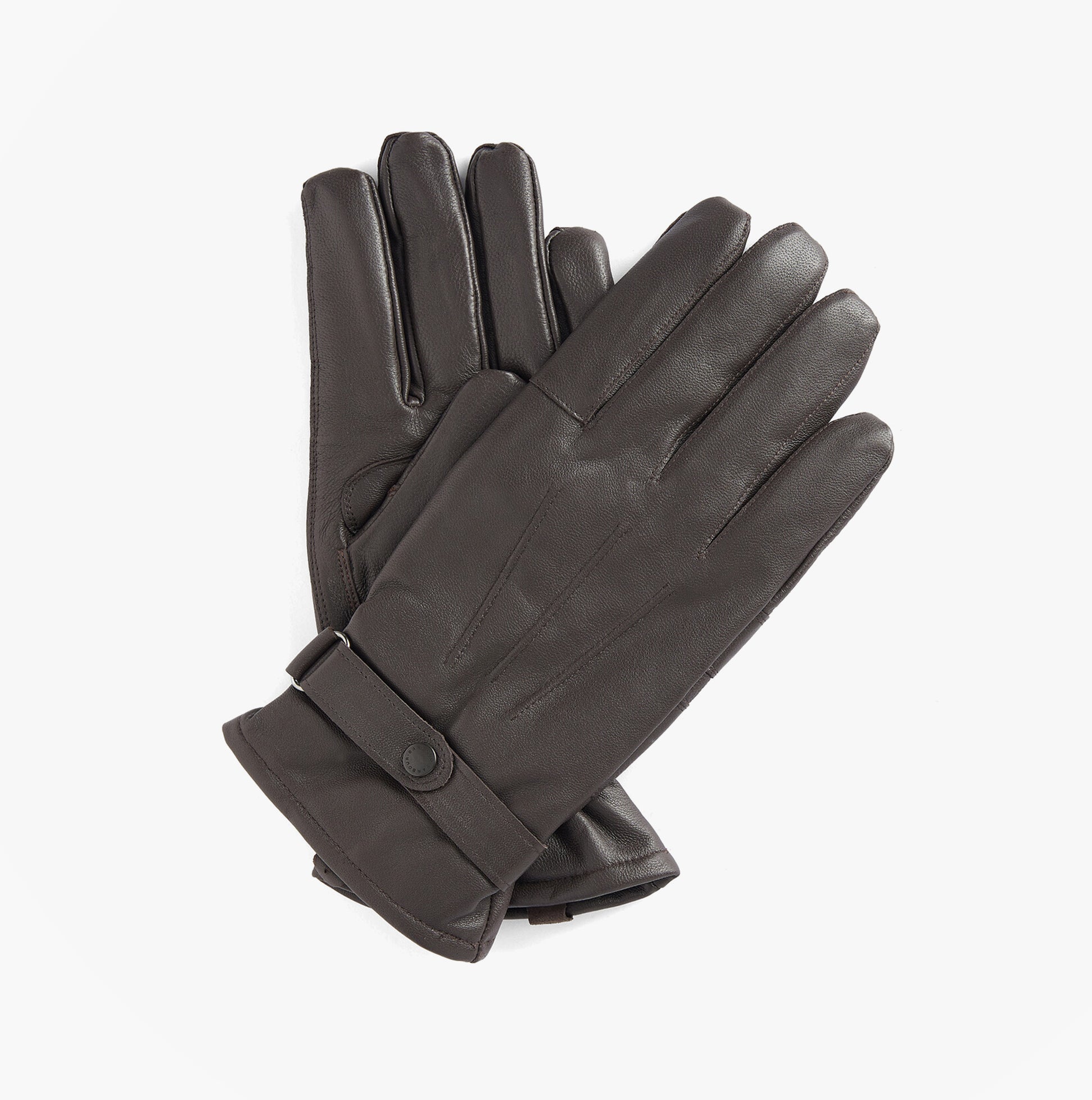 Barbour BURNISHED LEATHER THINSULATE Mens Gloves Dark Brown front view, made of 100% leather with polyester lining.