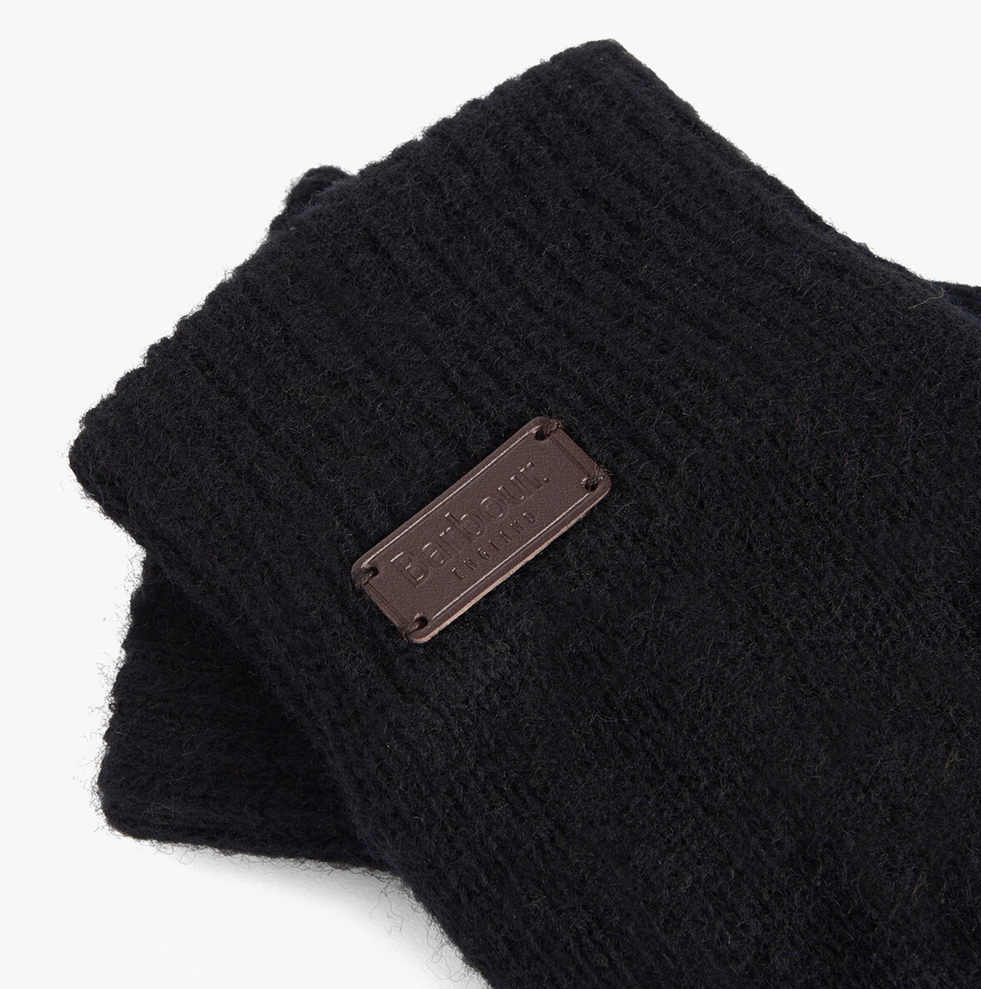 Barbour CARLTON Mens Wool Gloves Black detail view showcasing black wool texture and brand tag.